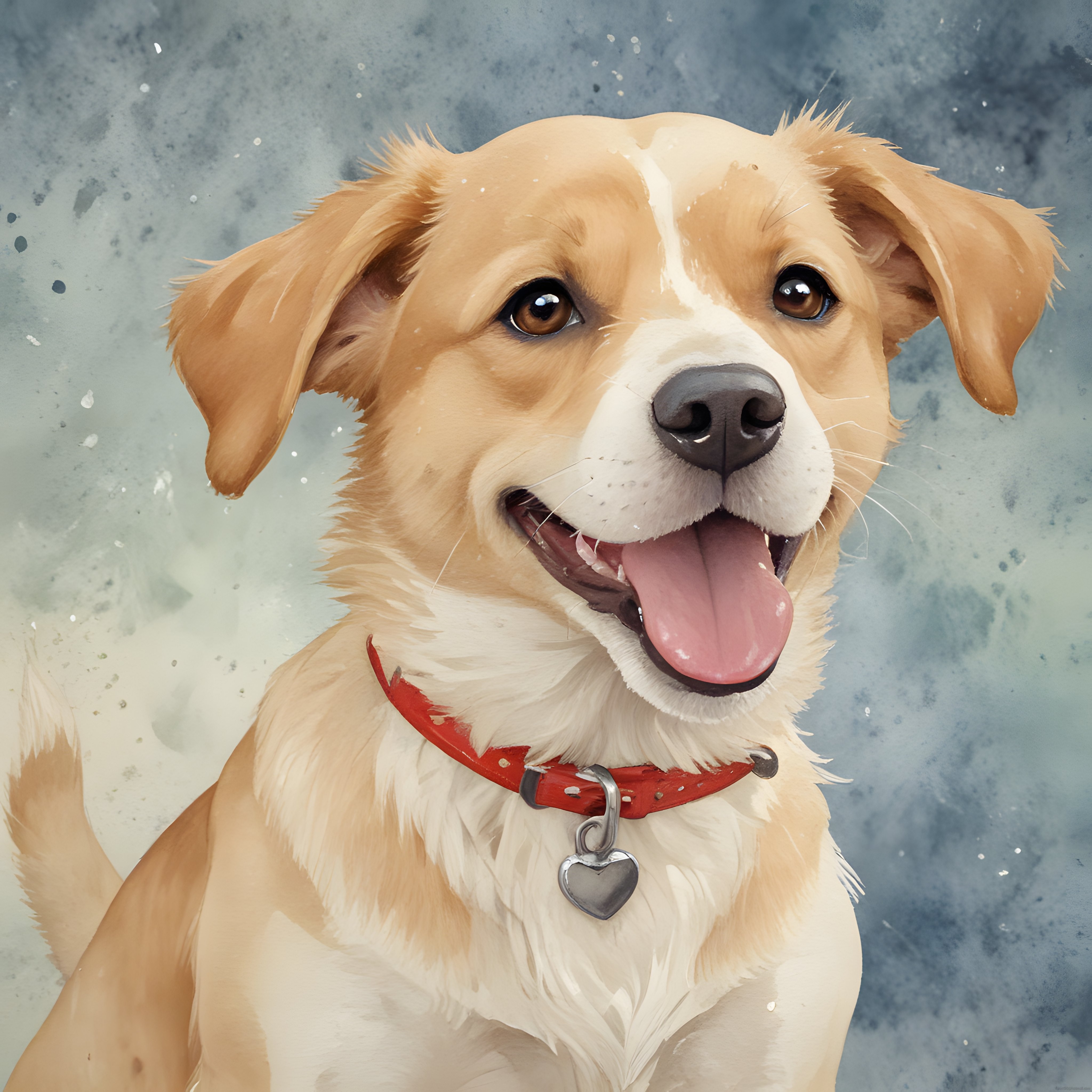 Suluboya Efektli Mutlu Golden Retriever Portresi ve Kalpli Tasma