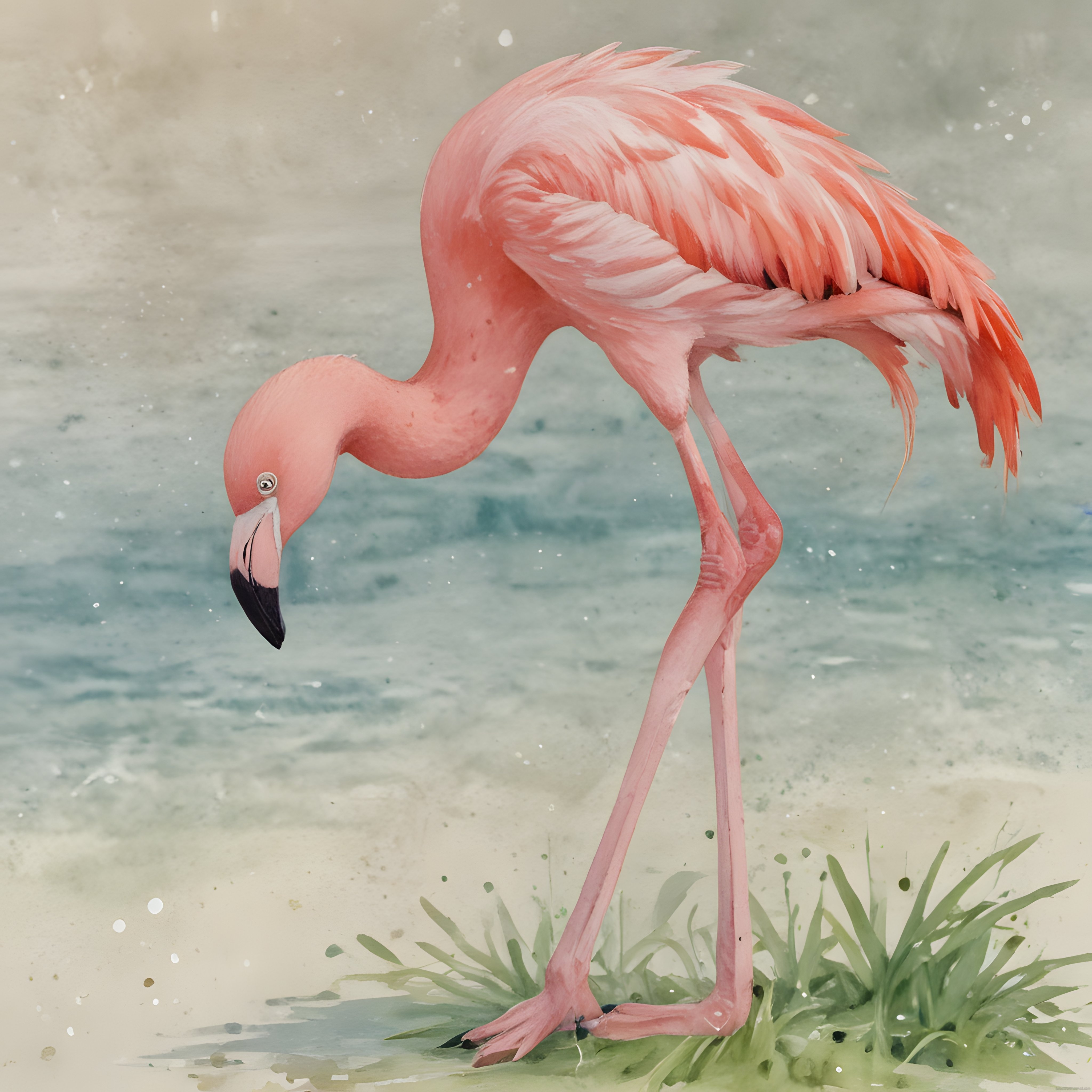 Suluboya Efektli Pastel Tonda Göl Kenarında Pembe Flamingo Sanat Çalışması