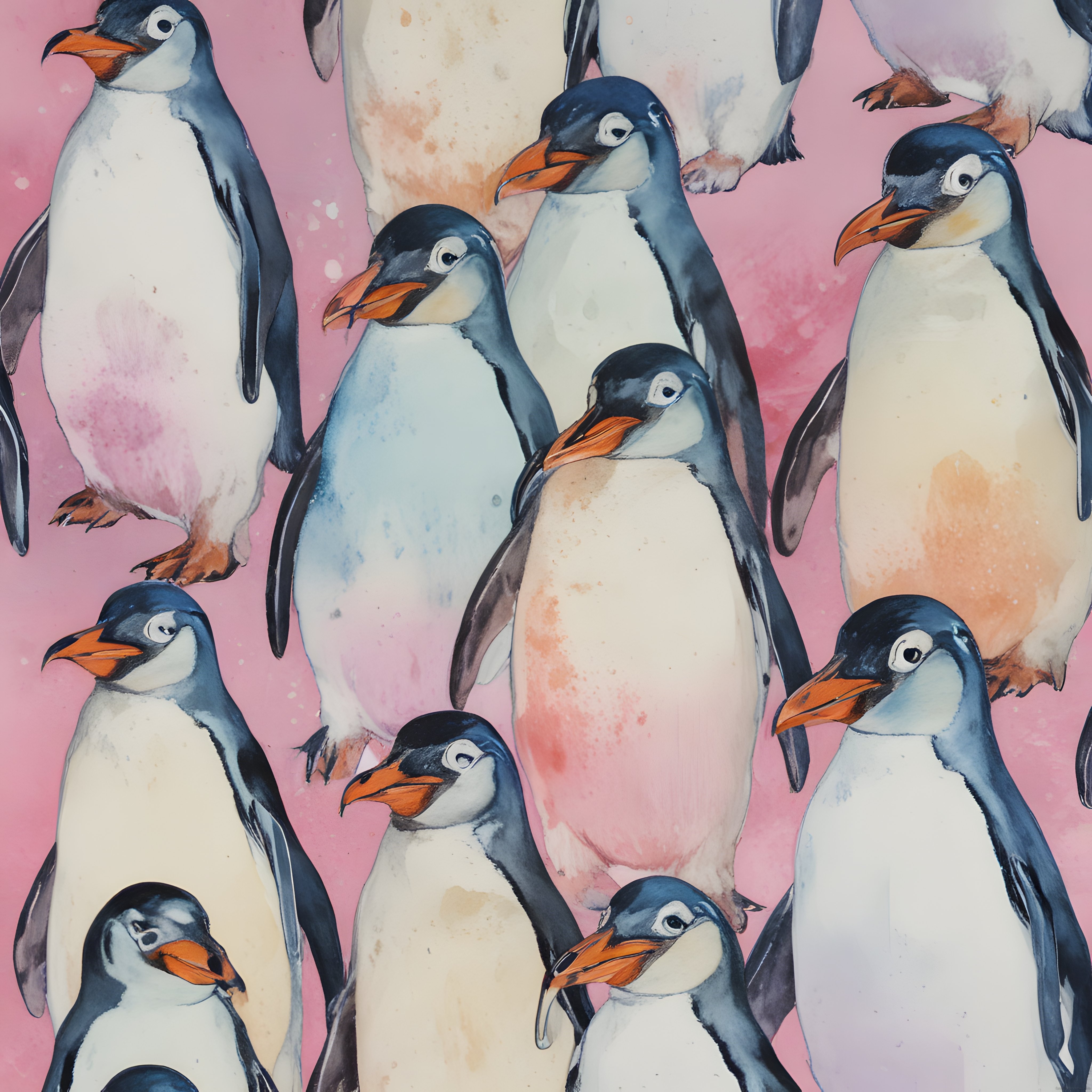 Suluboya efektli pembe arka plan üzerinde sevimli penguenlerin oluşturduğu renkli kompozisyon