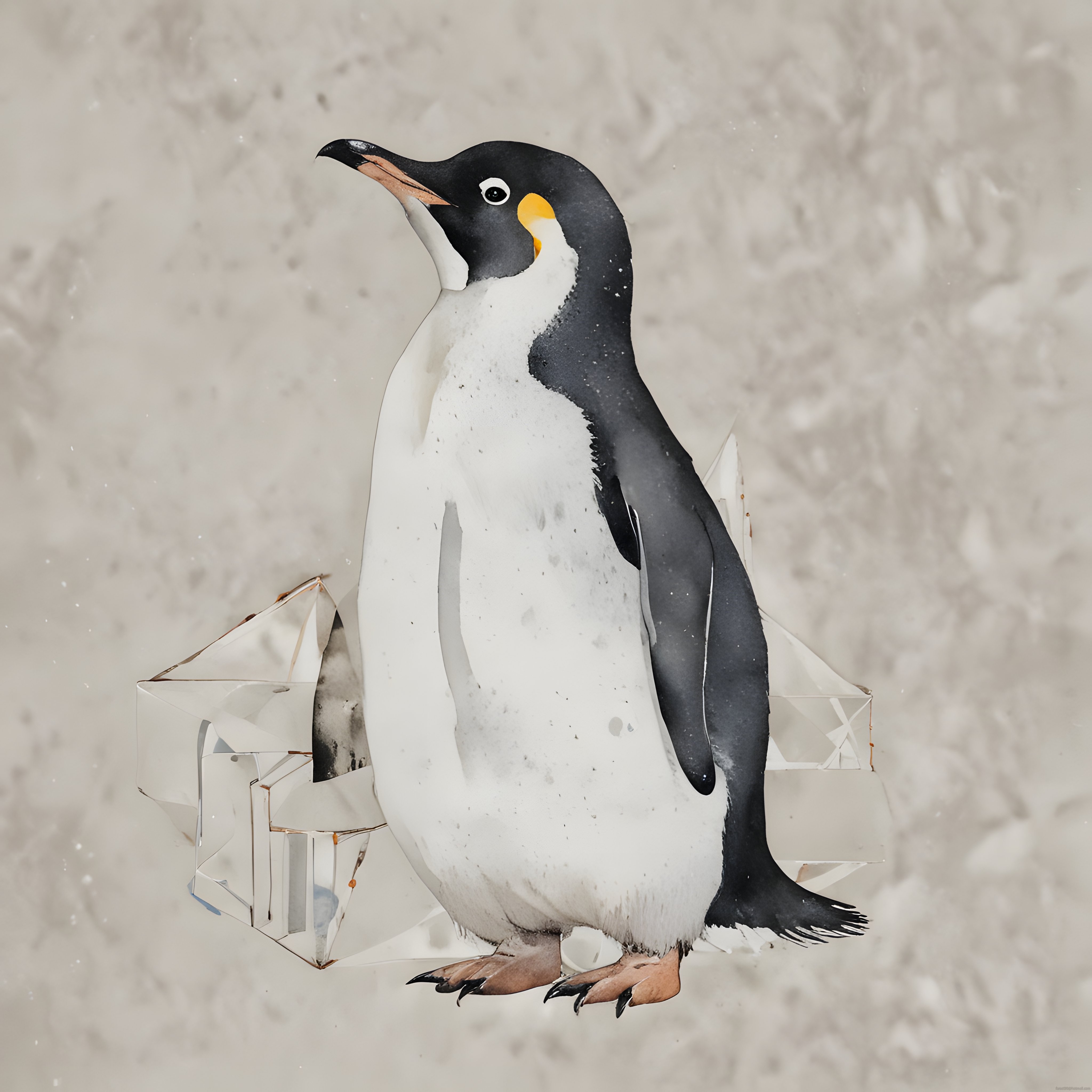 Suluboya Efektli Penguen Portresi ve Soyut Geometrik Kristal Formları