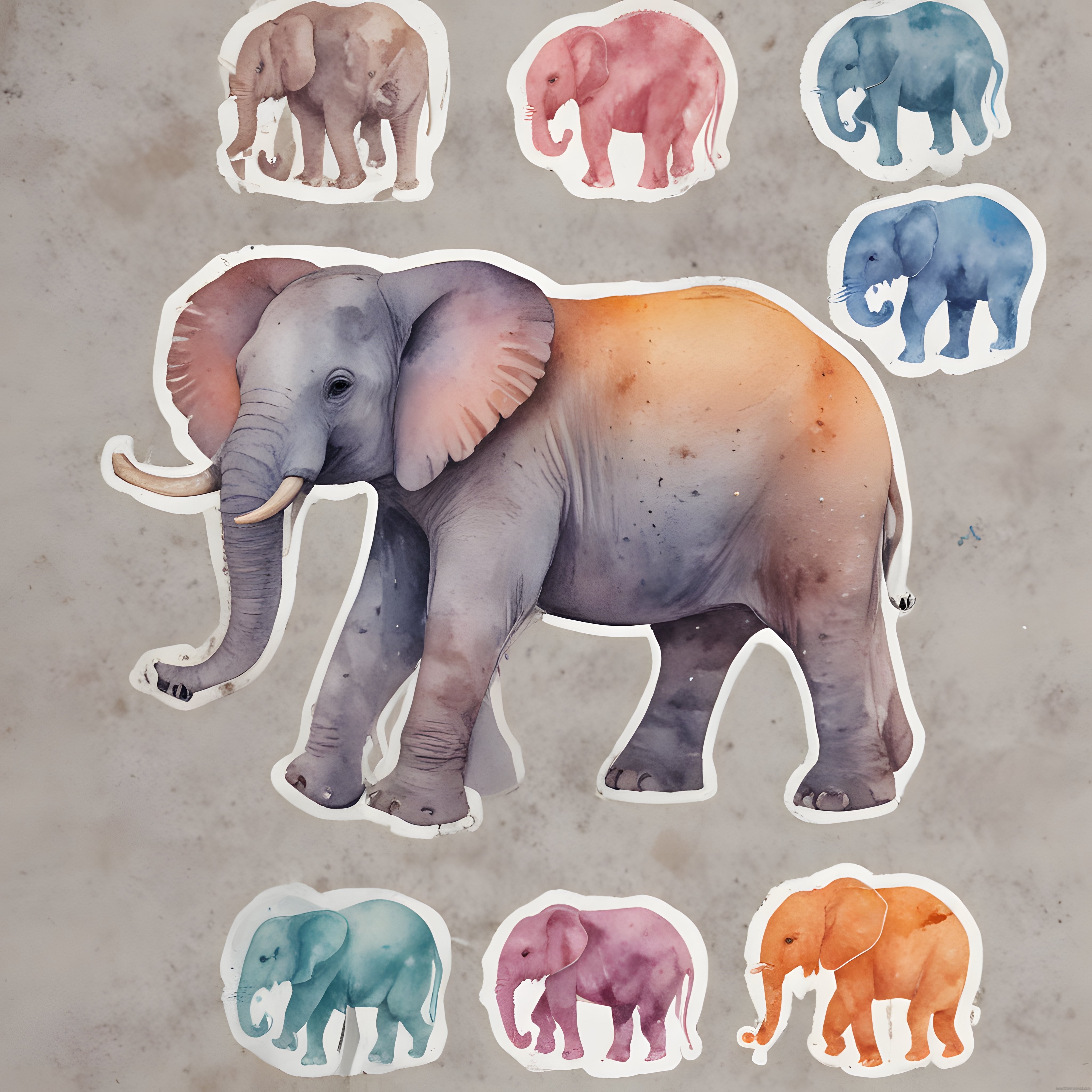 Suluboya Efektli Renkli Fil Stickerları ve Pastel Tonlarda Sanatsal Vahşi Yaşam İllüstrasyonu
