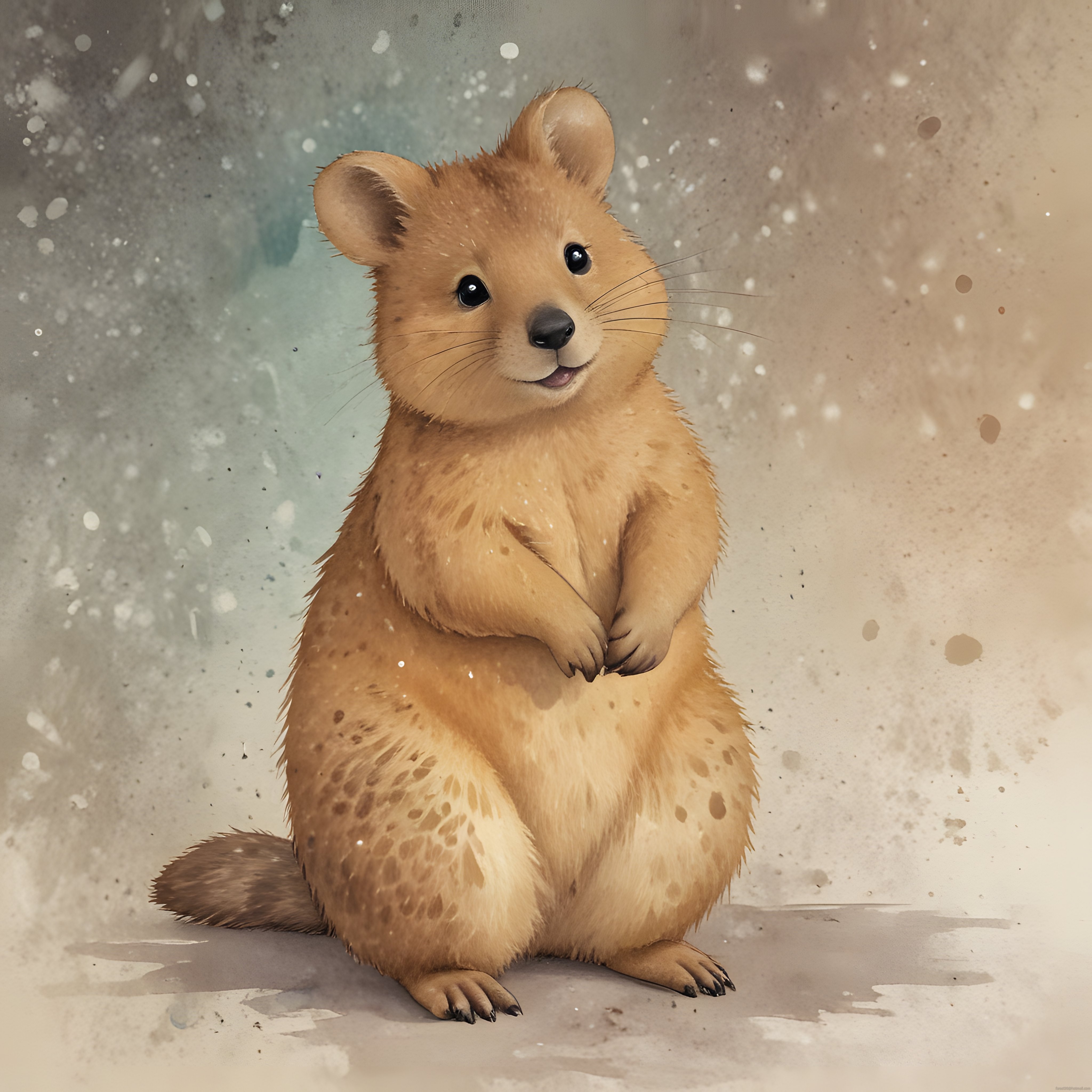 Suluboya efektli sevimli güleryüzlü quokka illüstrasyonu ve sanatsal arka plan