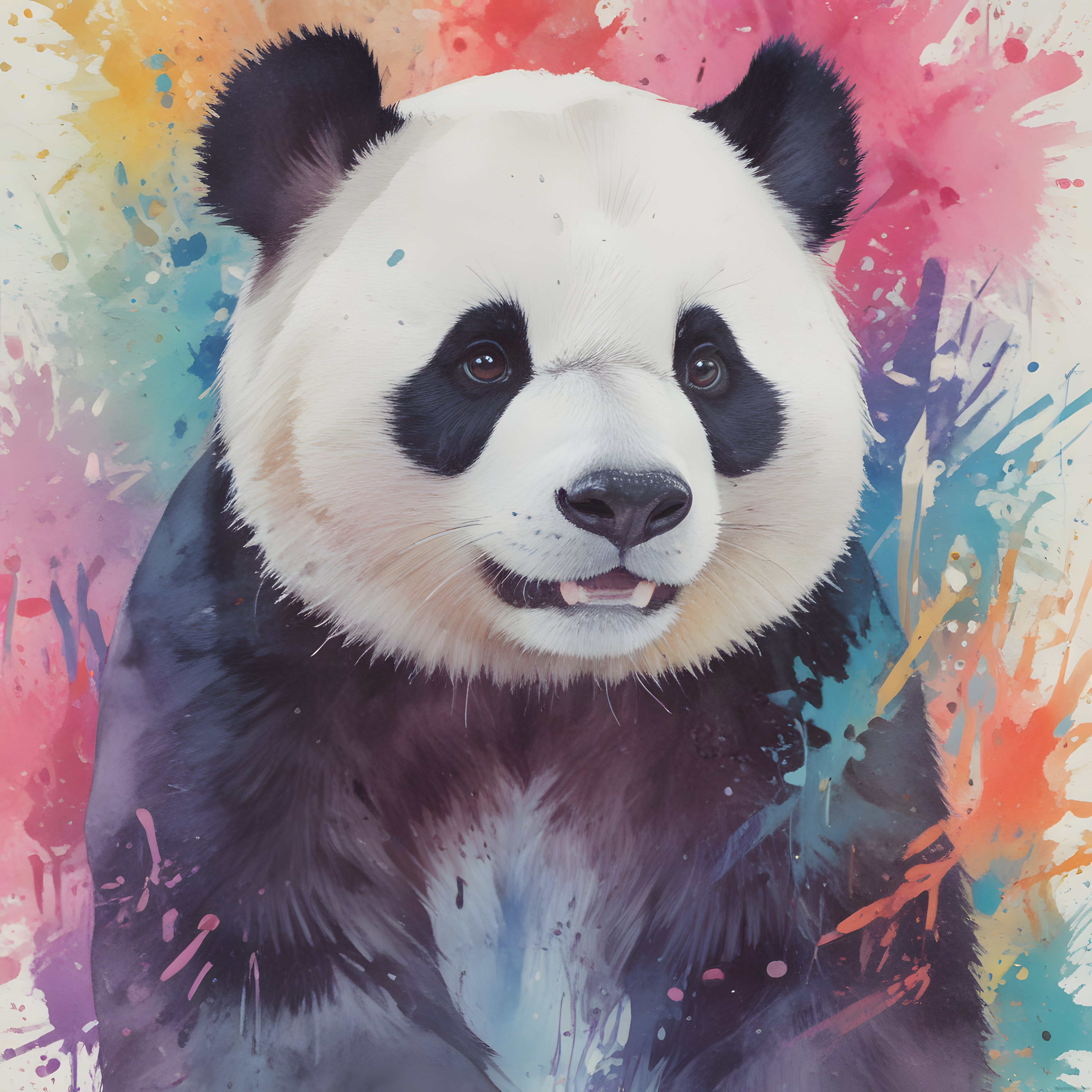 Suluboya Efektli Sevimli Panda Portresi: Renkli Sıçratmalarla Sanatsal Hayvan Çizimi