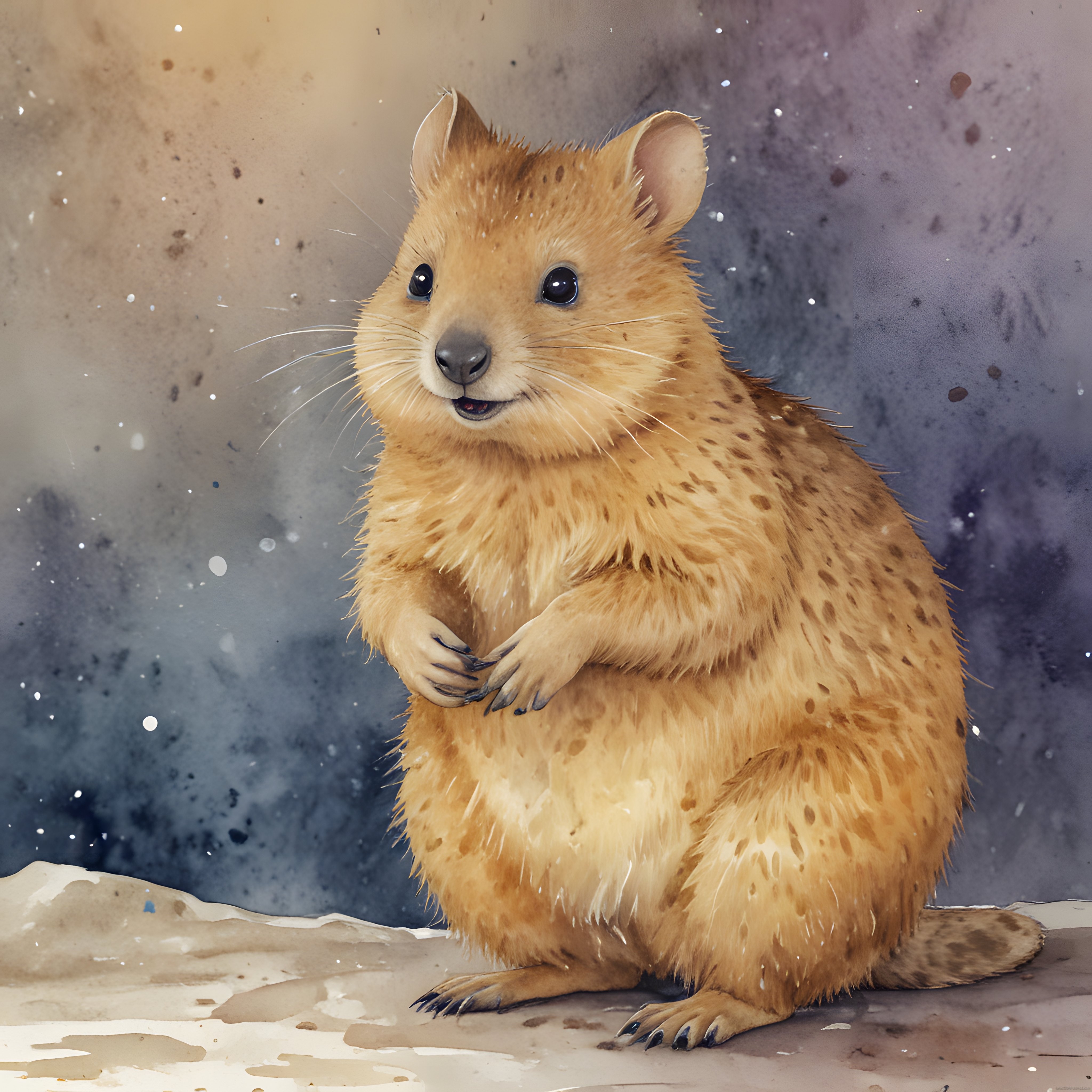 Suluboya Efektli Sevimli Quokka ve Karlı Günde Büyülü Kış Atmosferi