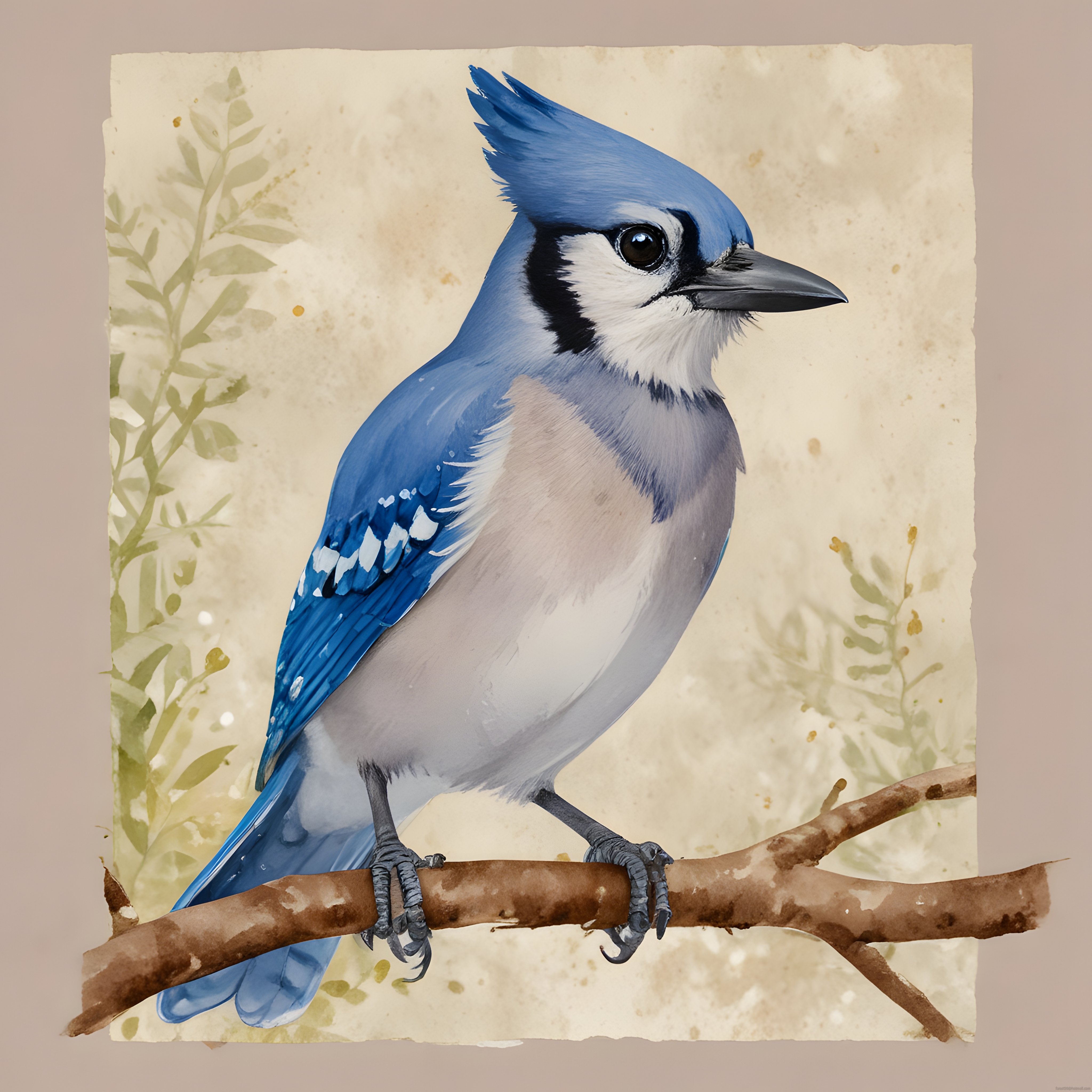 Suluboya Mavi Alakarga: Dalda Oturan Blue Jay Kuşu Vintage Sanat Çalışması Suluboya Mavi Alakarga: Dalda Oturan Blue Jay Kuşu Vintage Sanat Çalışması