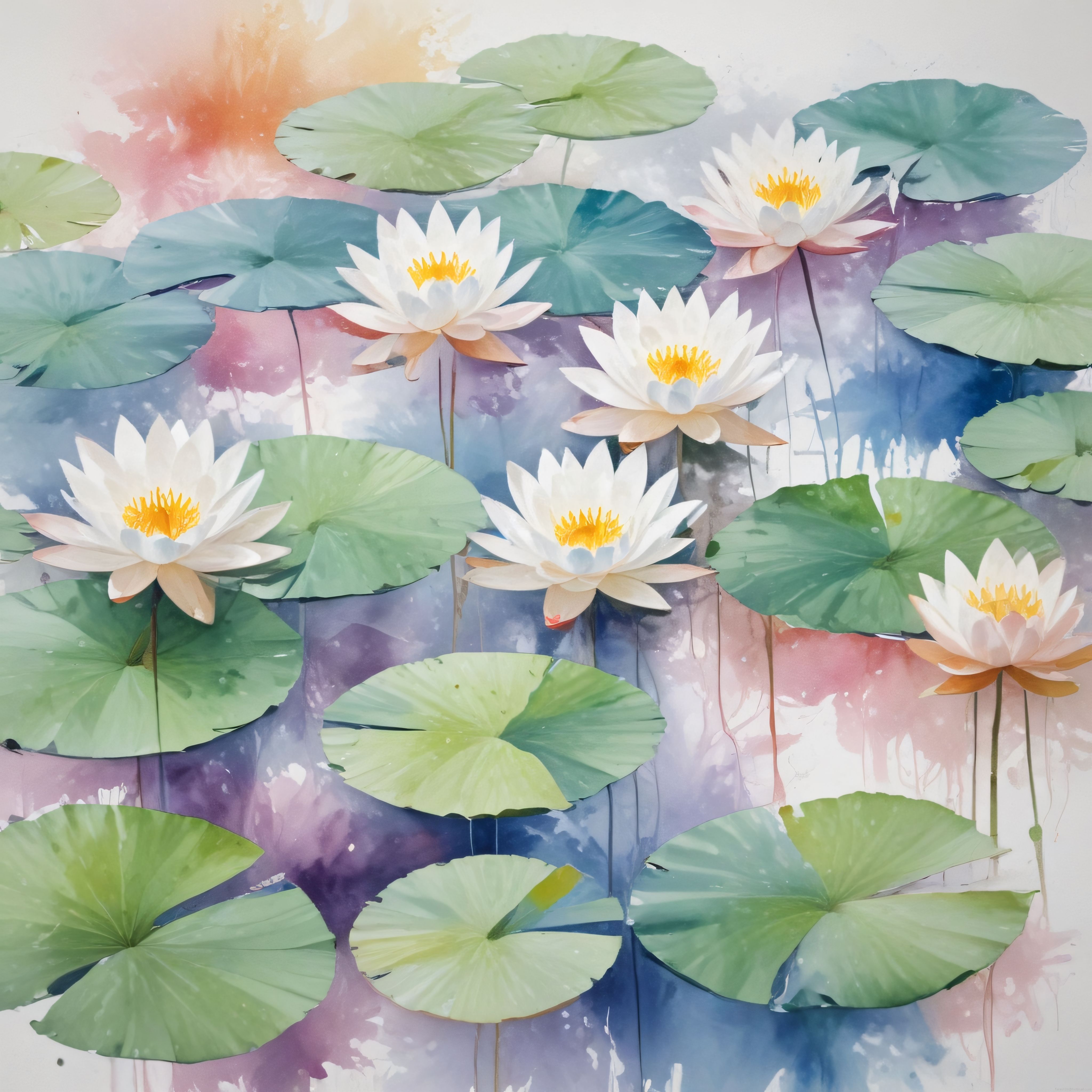 Suluboya Nilüfer ve Lotus Yapraklarıyla Rüya Gibi Göl Manzarası