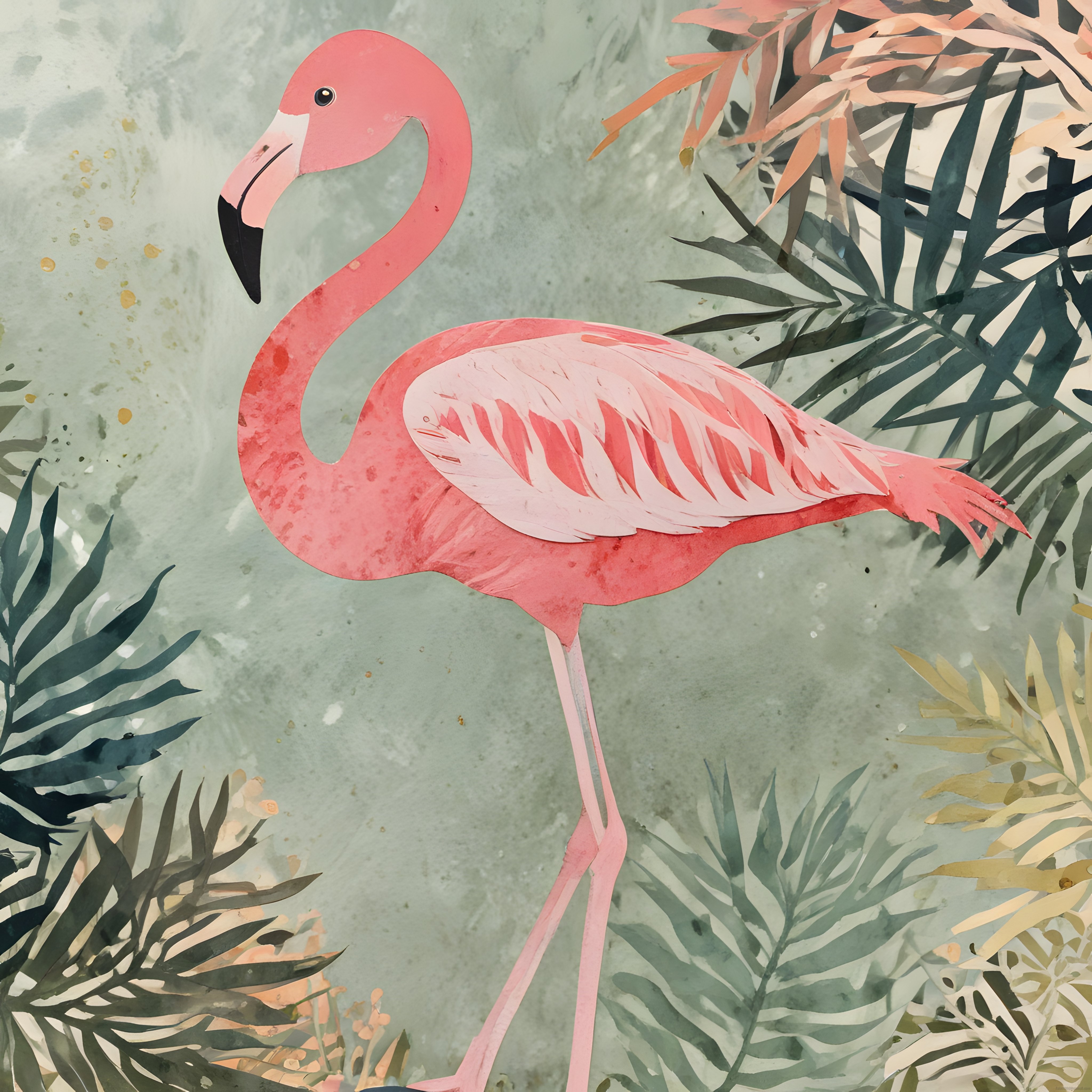 Suluboya Pembe Flamingo ve Tropikal Bitkiler Dekoratif Duvar Kağıdı