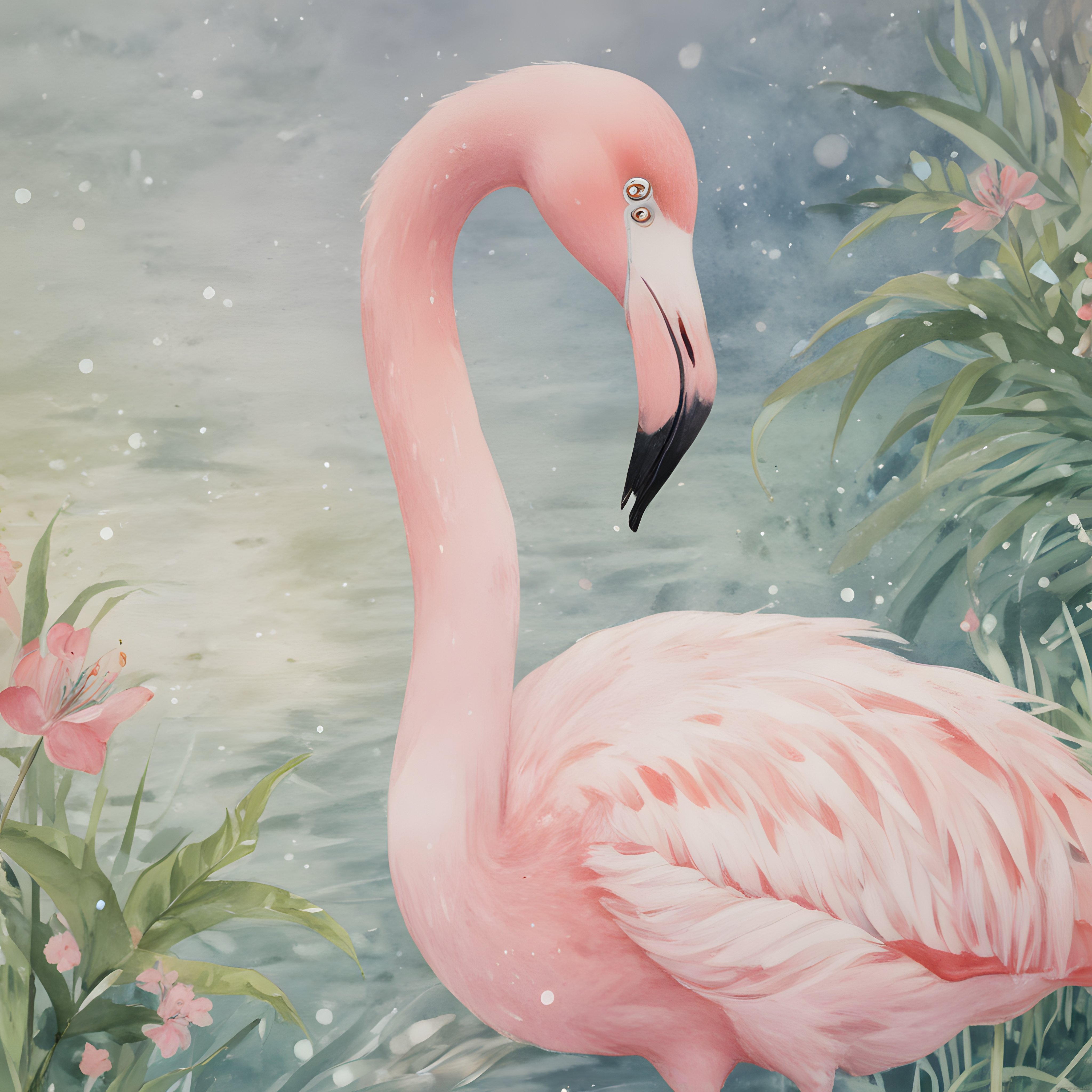 Suluboya Stilde Göl Kenarında Zarif Pembe Flamingo ve Tropik Bitkiler