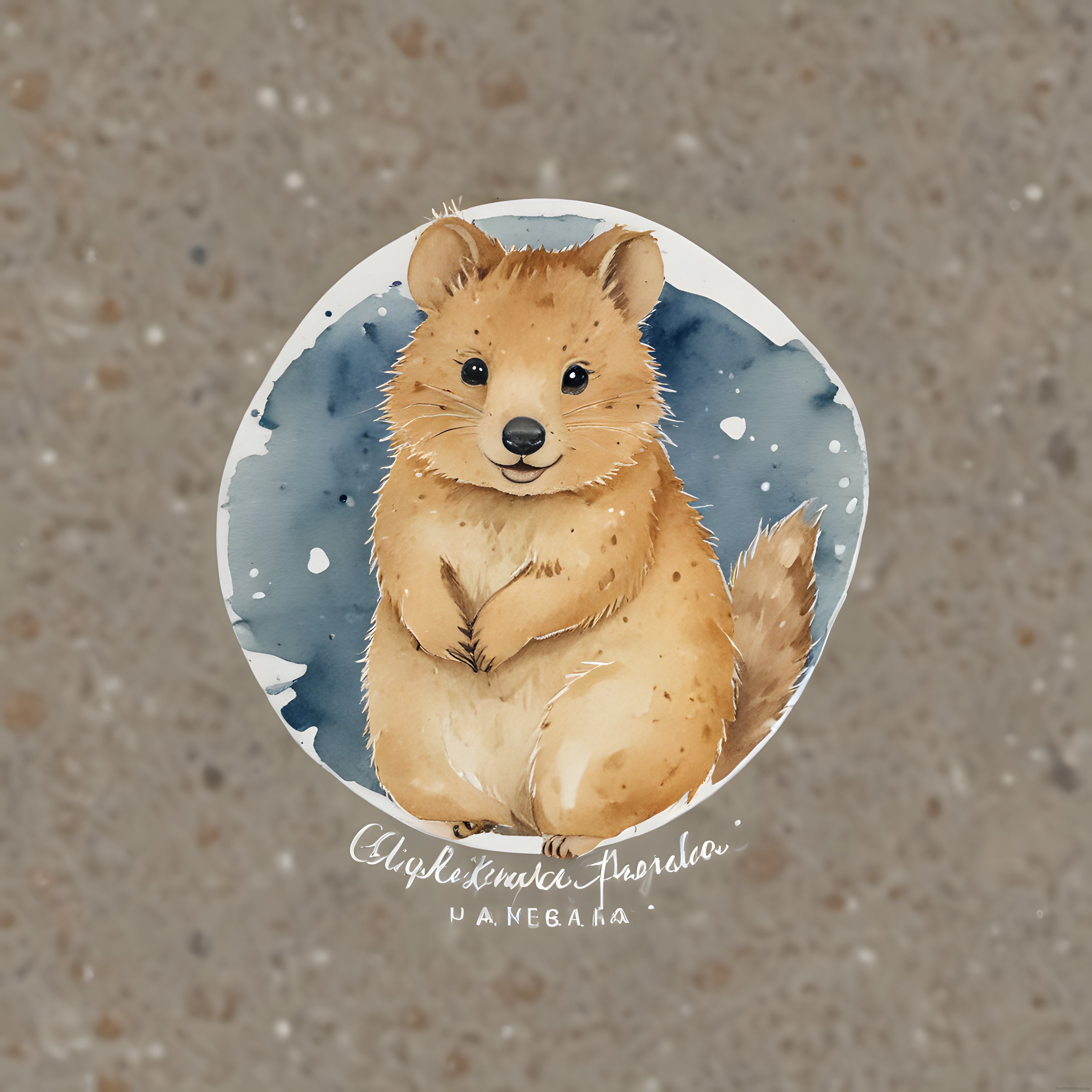 Suluboya stilde gülümseyen quokka çizimi, mavi arka plan ve sanatsal detaylar