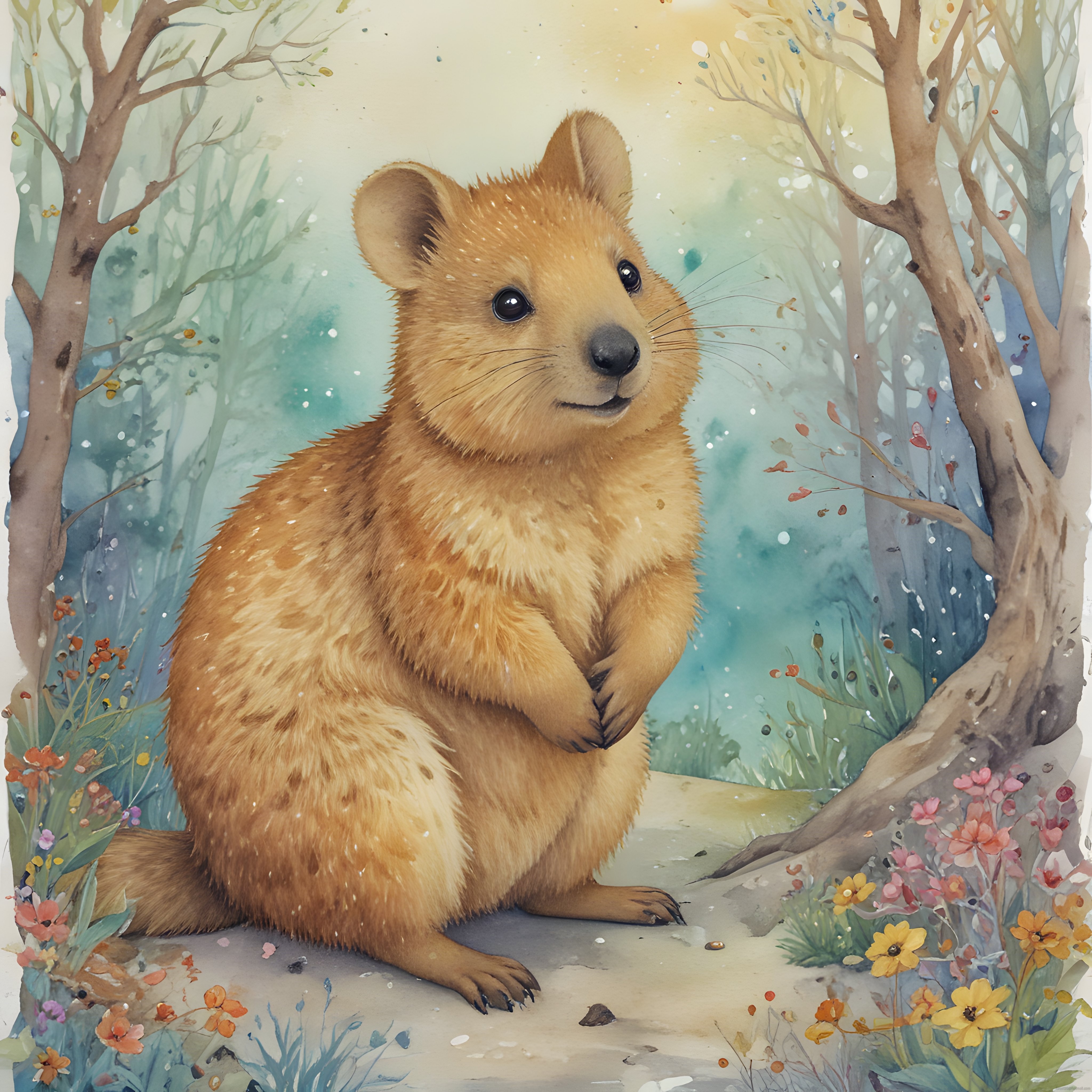 Suluboya Stilde Gülümseyen Quokka ve Pastel Tonlarda Masalsı Orman Manzarası