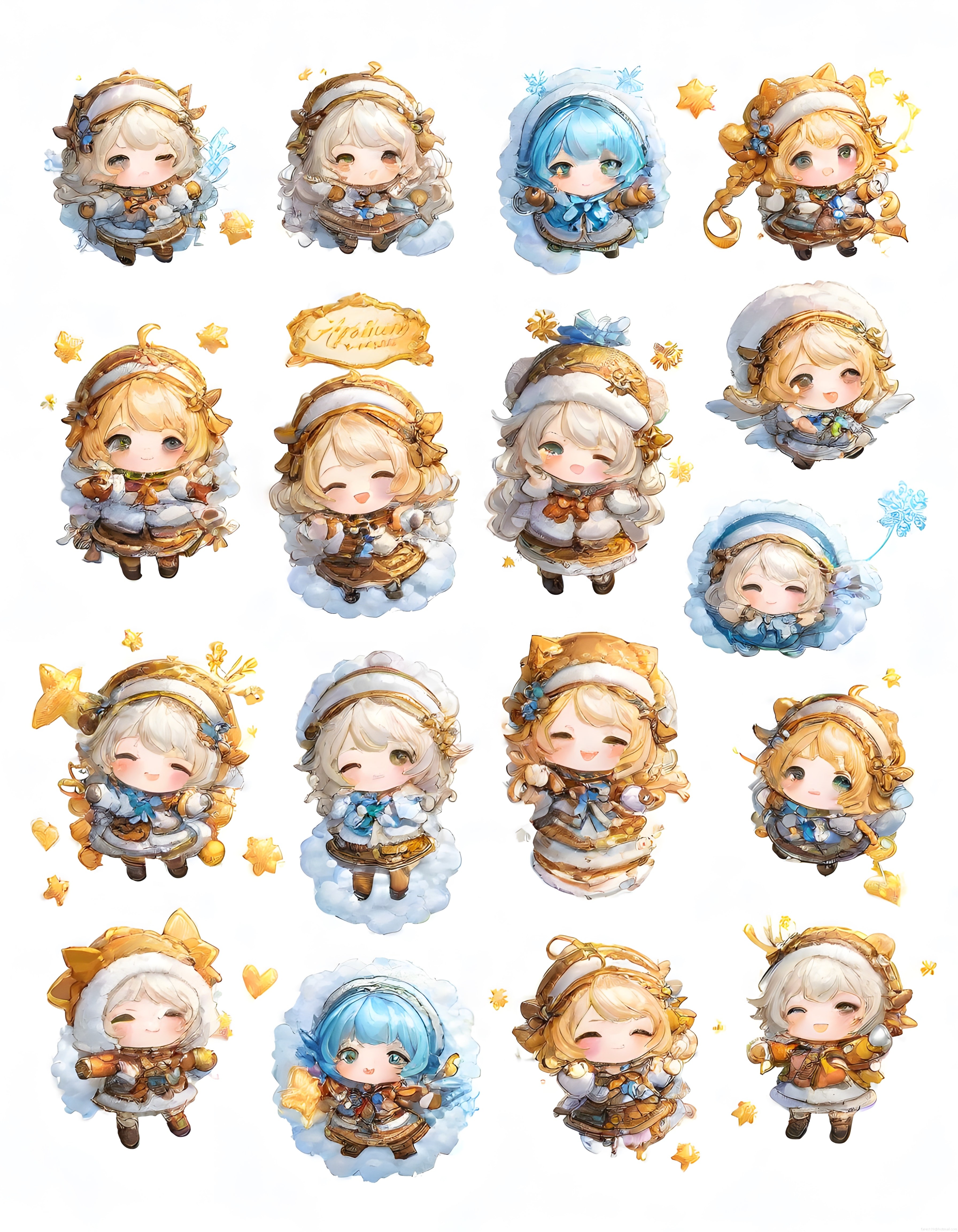 Suluboya Stilde Kışlık Kostümlü Anime Chibi Karakter Sticker Koleksiyonu