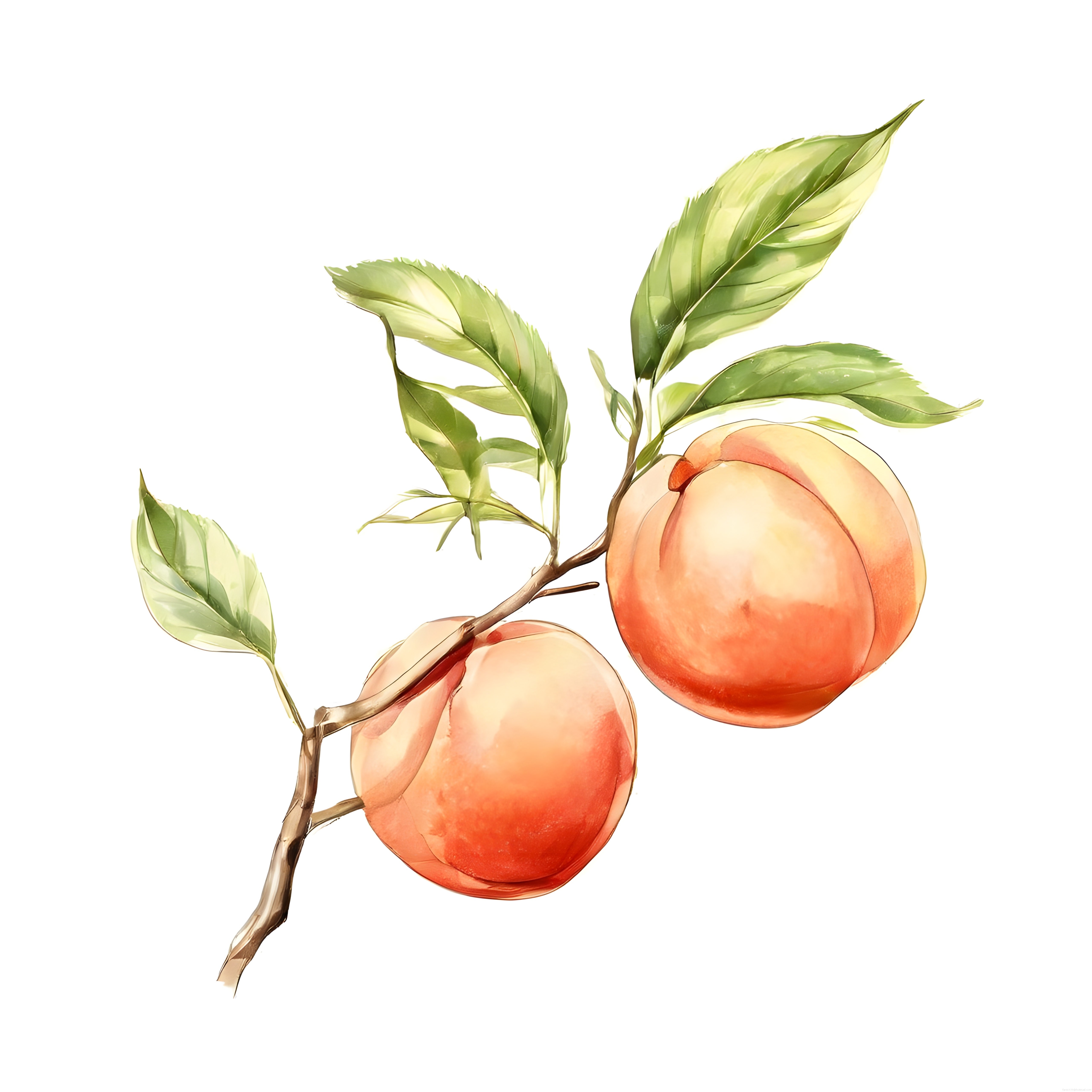 Suluboya Stilde Şeftali Dalı: Olgun Meyveler ve Taze Yapraklar