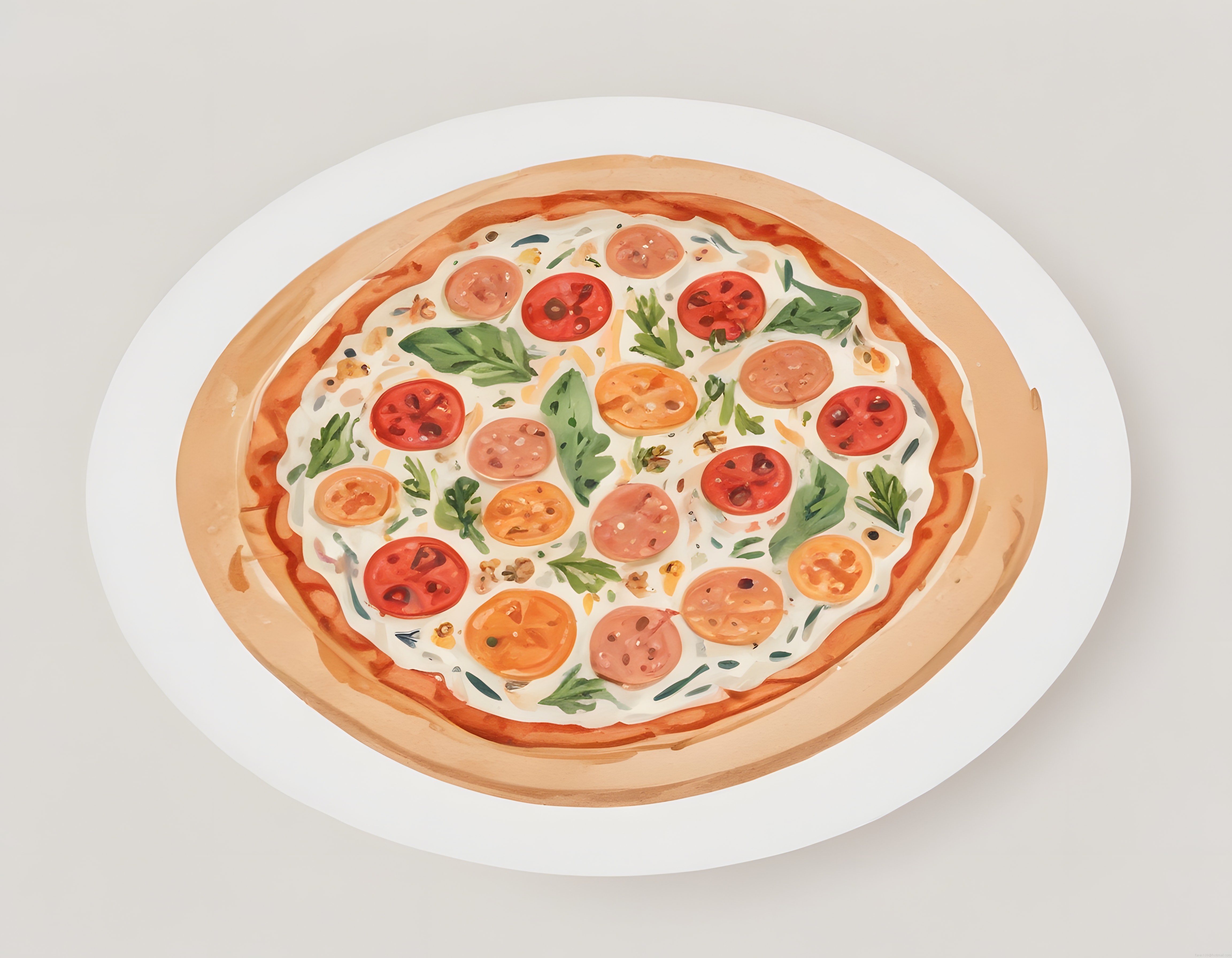 Suluboya Stilde Taze Sebzeli ve Peynirli İtalyan Pizza İllüstrasyonu