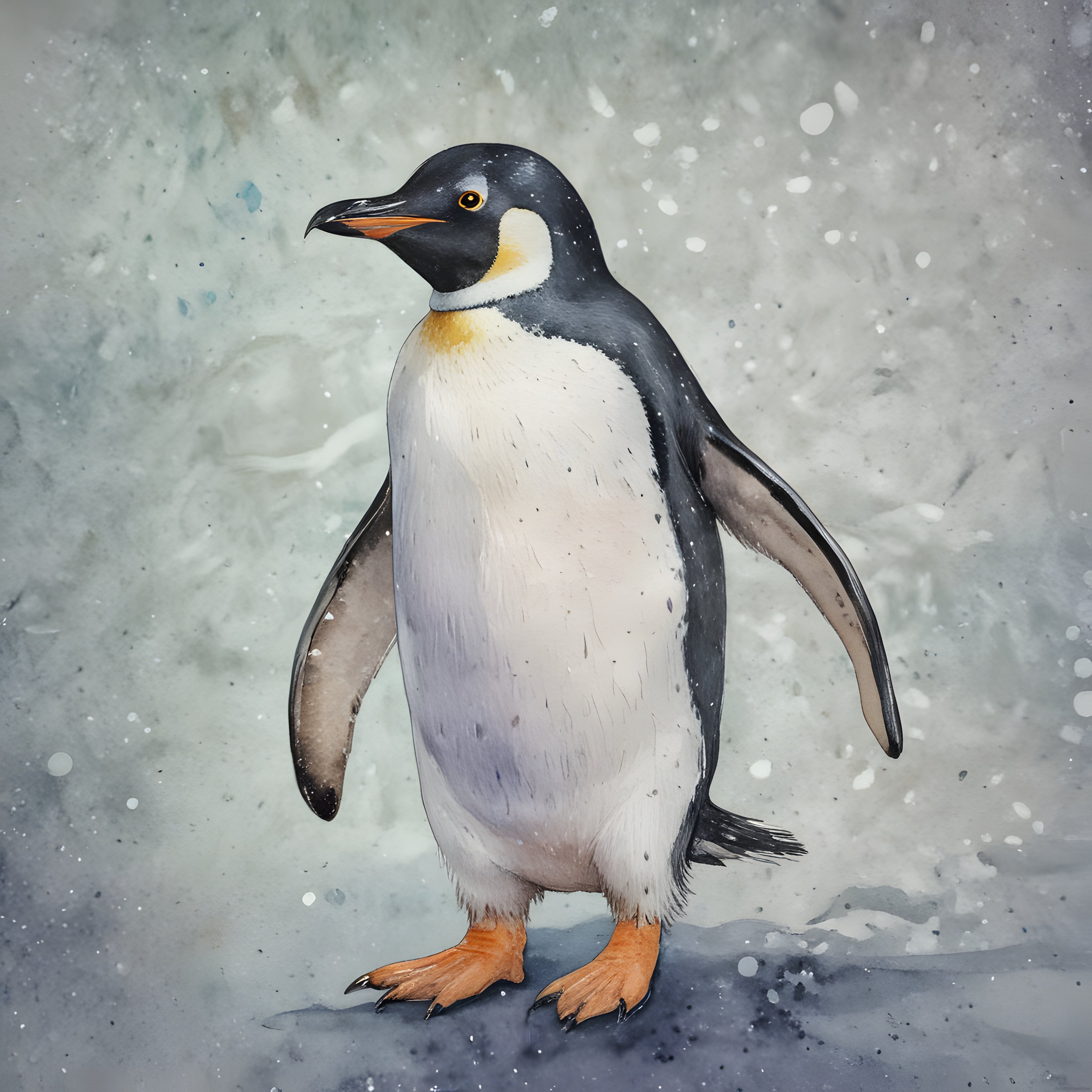 Suluboya Stilinde Karlı Ortamda Duran Gentoo Pengueni Sanat Çalışması