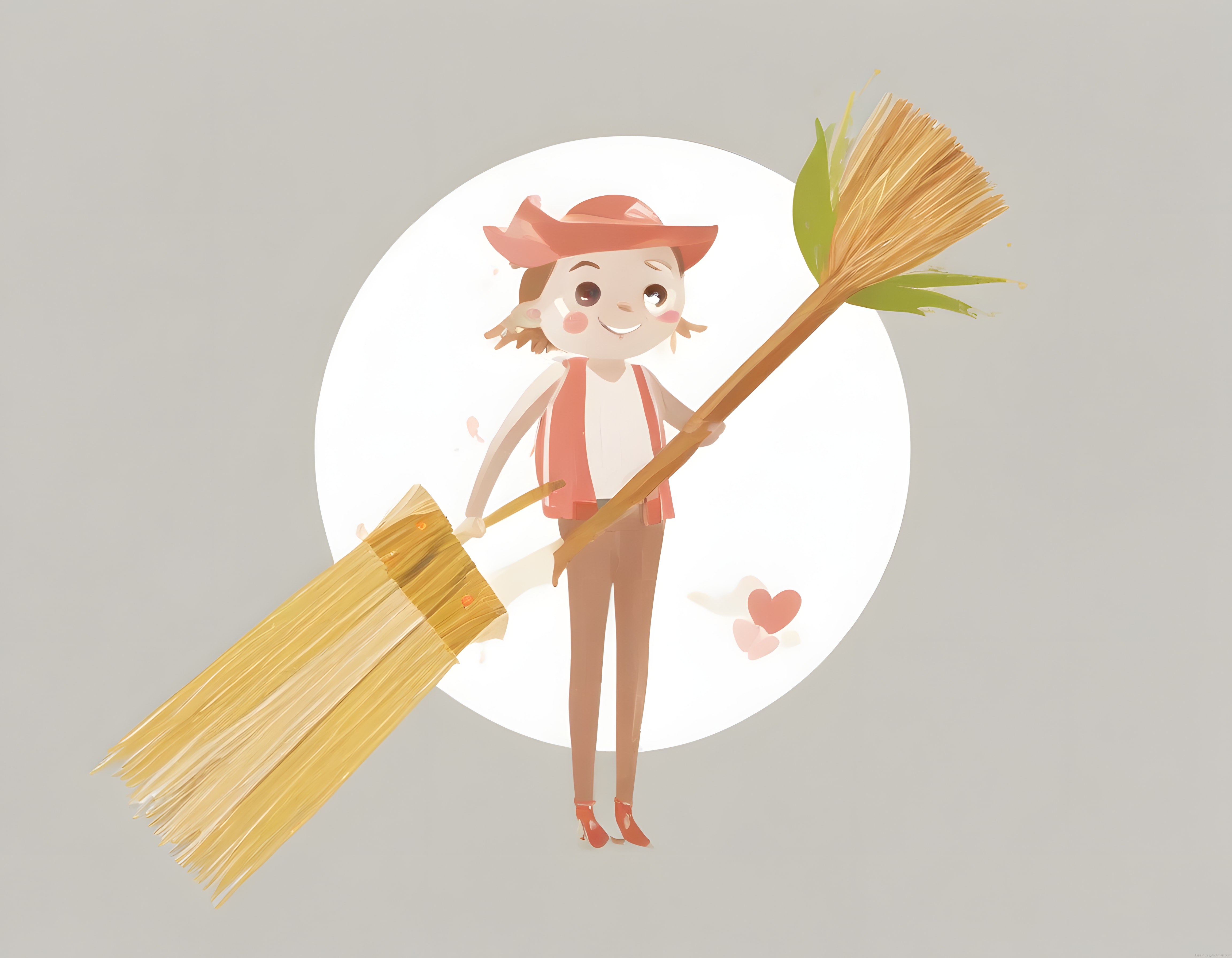 Suluboya stilinde sevimli çiftçi kız ve elindeki devasa hasır süpürge