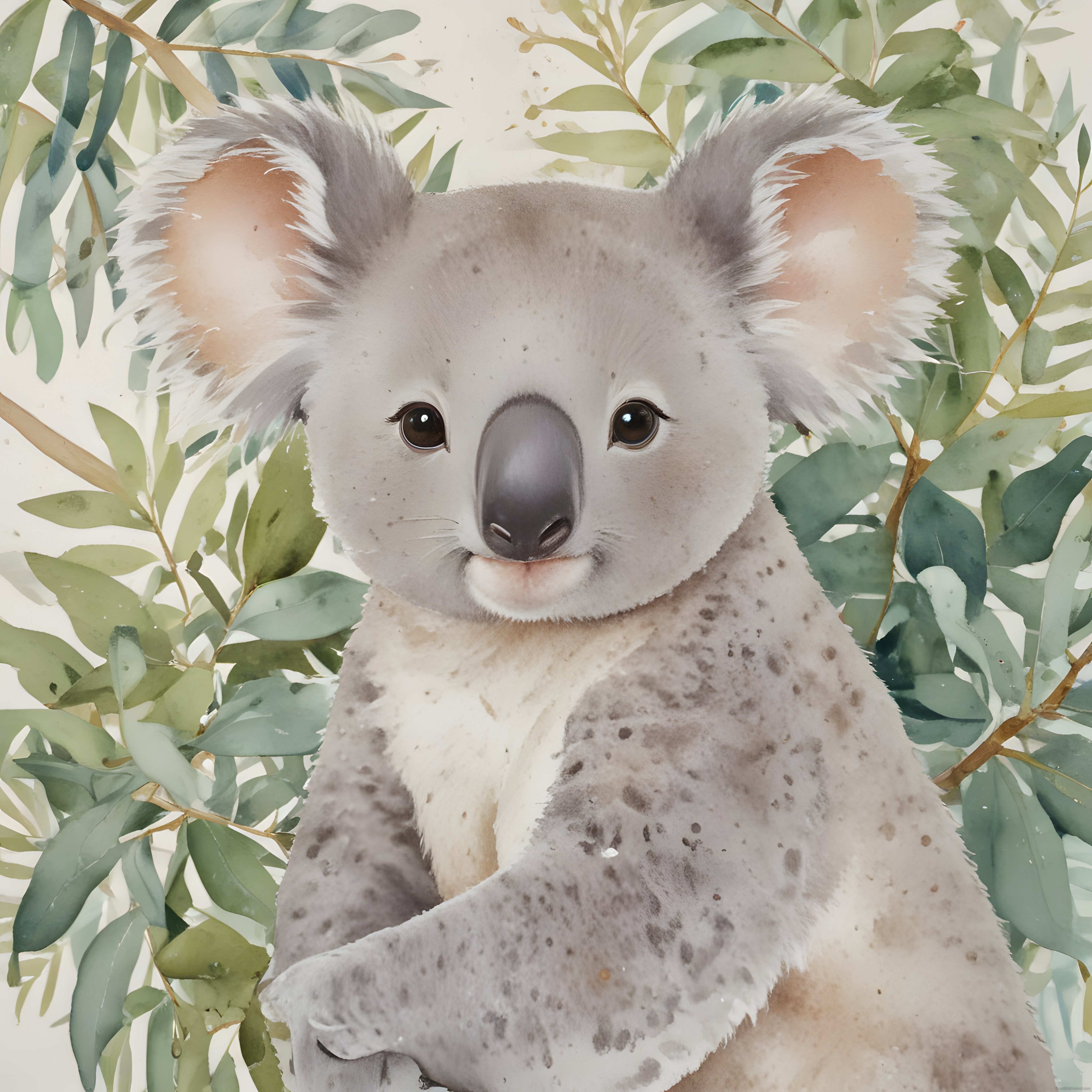Suluboya Stilinde Sevimli Koala Portresi ve Yeşil Okaliptüs Yaprakları