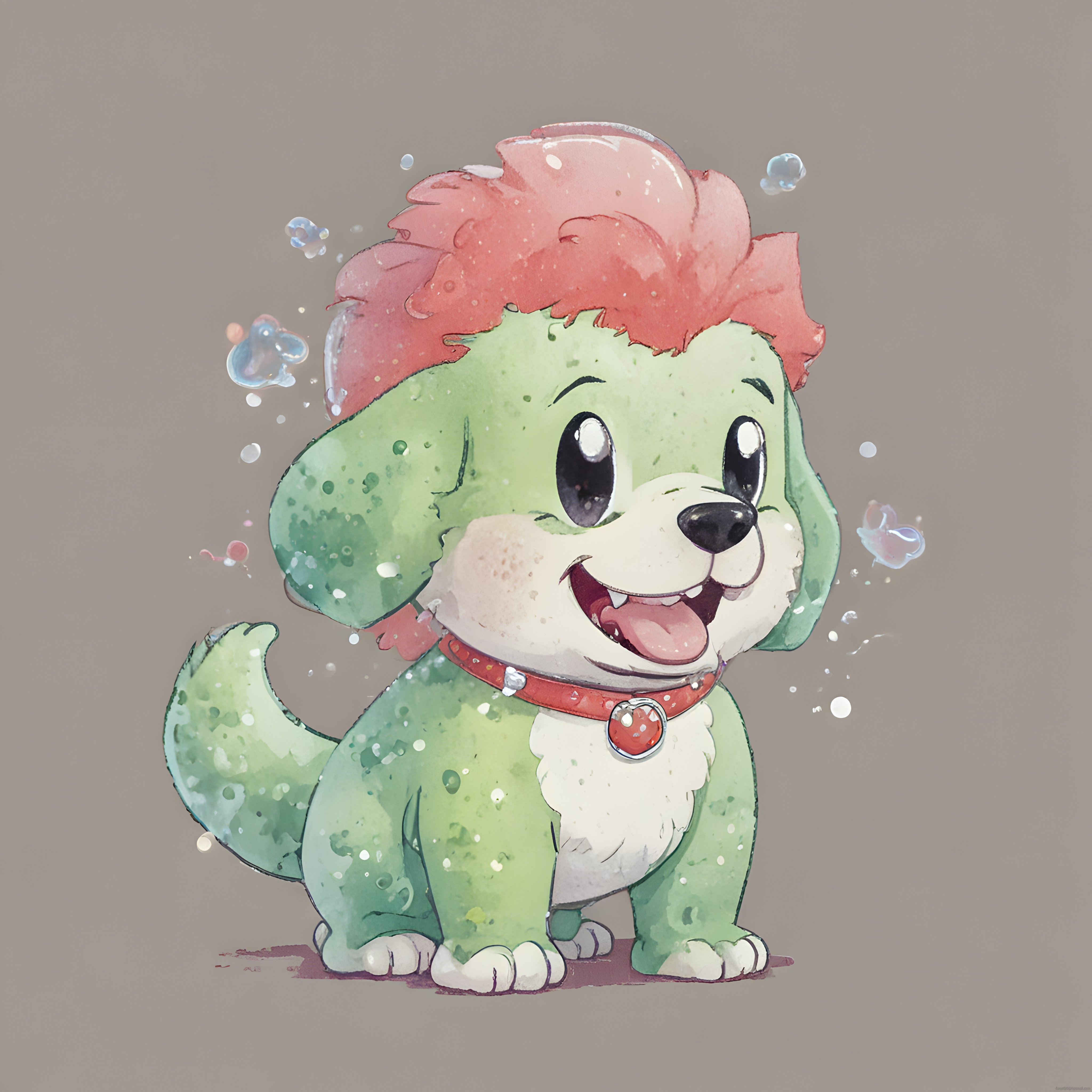 Suluboya Stilinde Sevimli Yeşil Karikatür Köpek Yavrusu Dijital Çizim