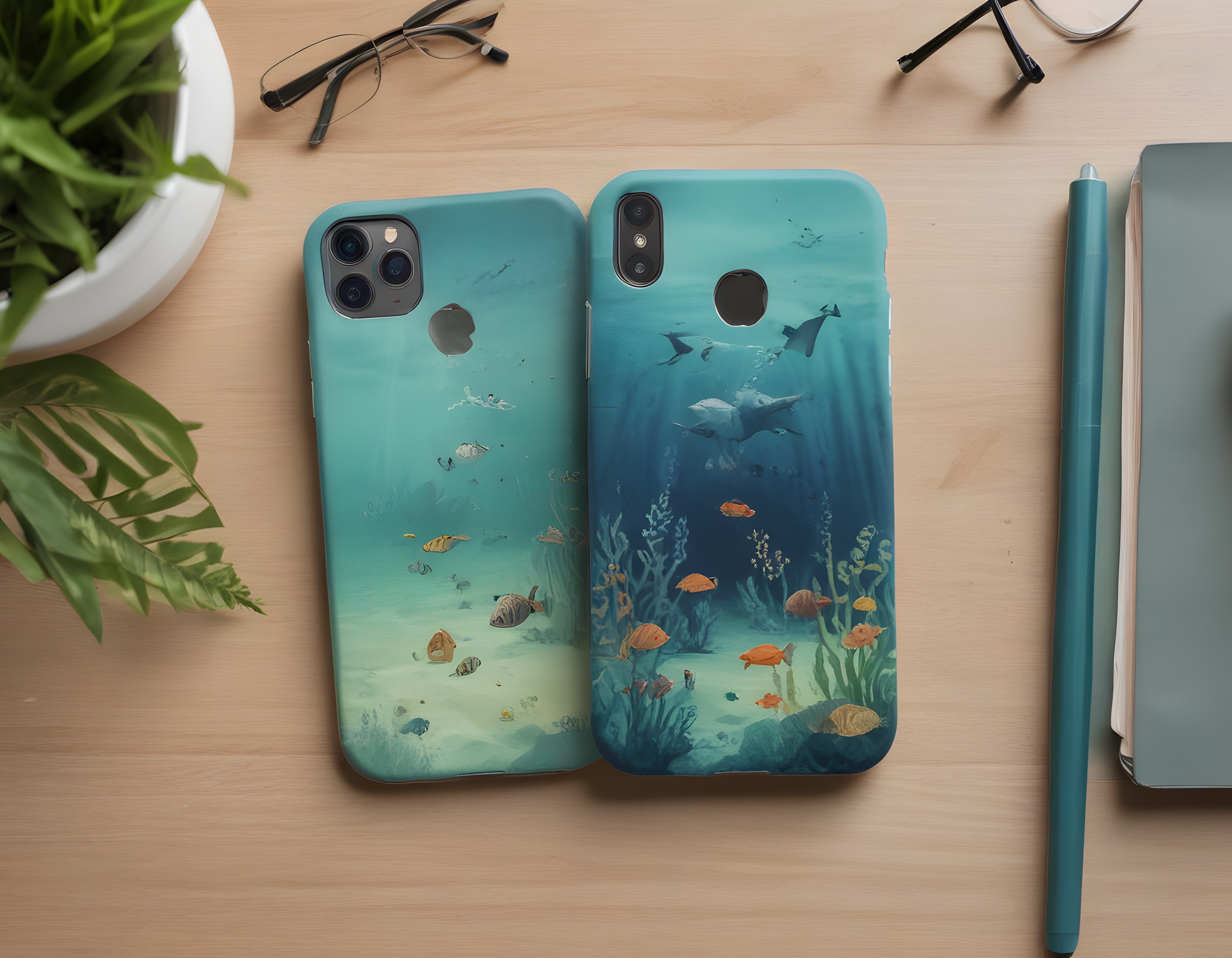 Suluboya Su Altı Temalı Çift İphone Kılıfı ve Ahşap Masa Düzenlemesi