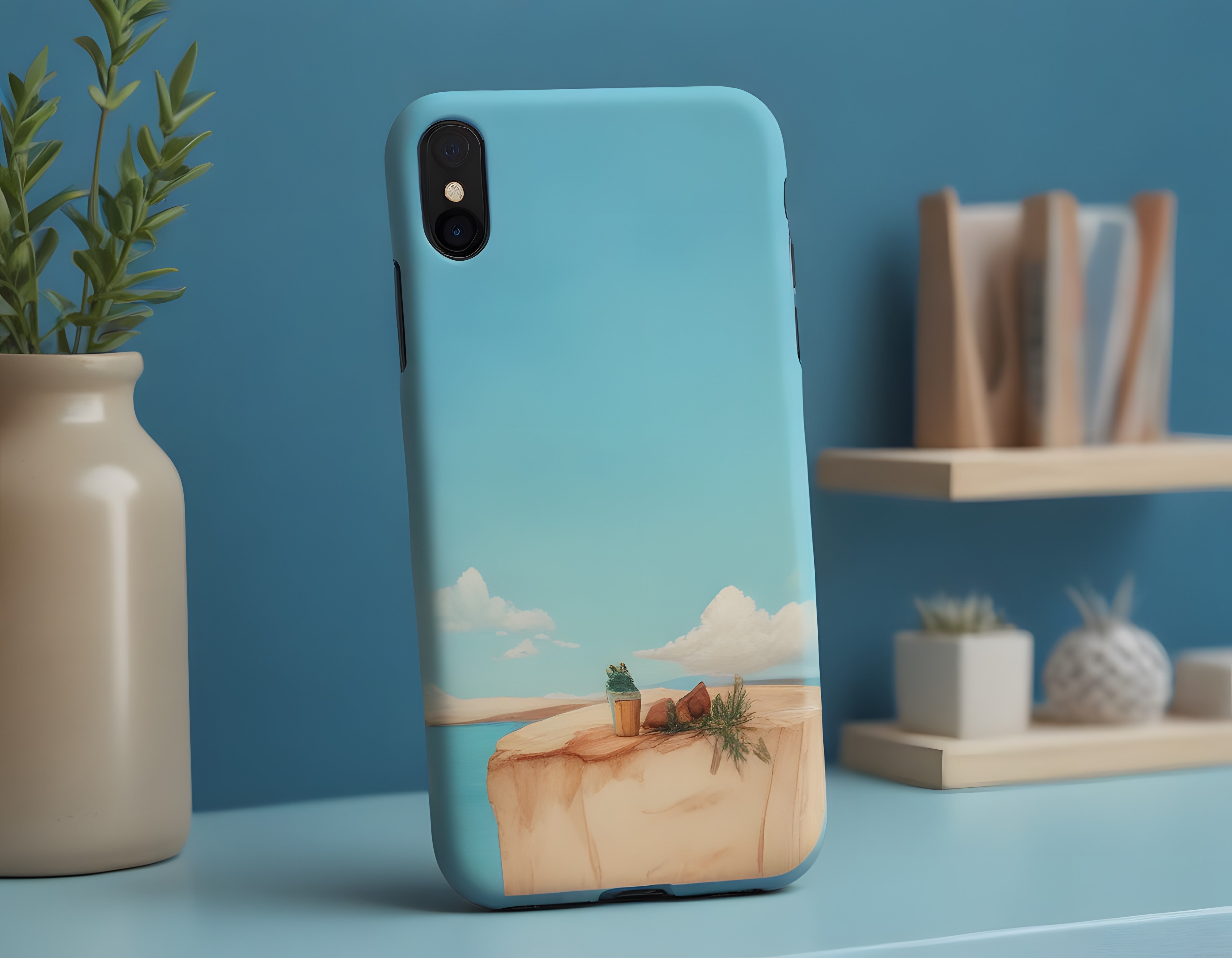 suluboya tarzı gökyüzü ve uçurum desenli mavi iphone kılıfı ve minimalist dekor
