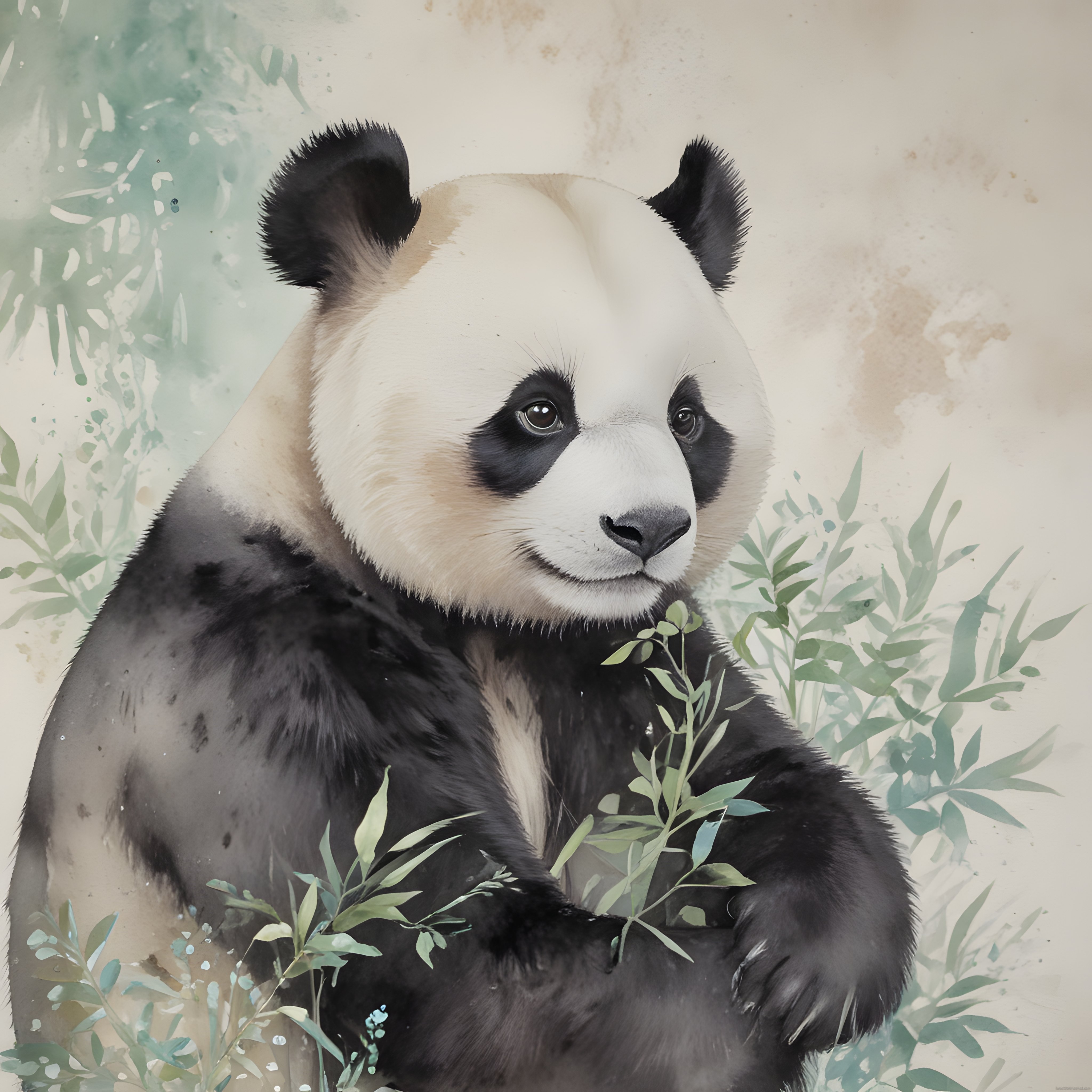 suluboya tarzında bambu yaprakları arasında oturan sevimli panda portresi