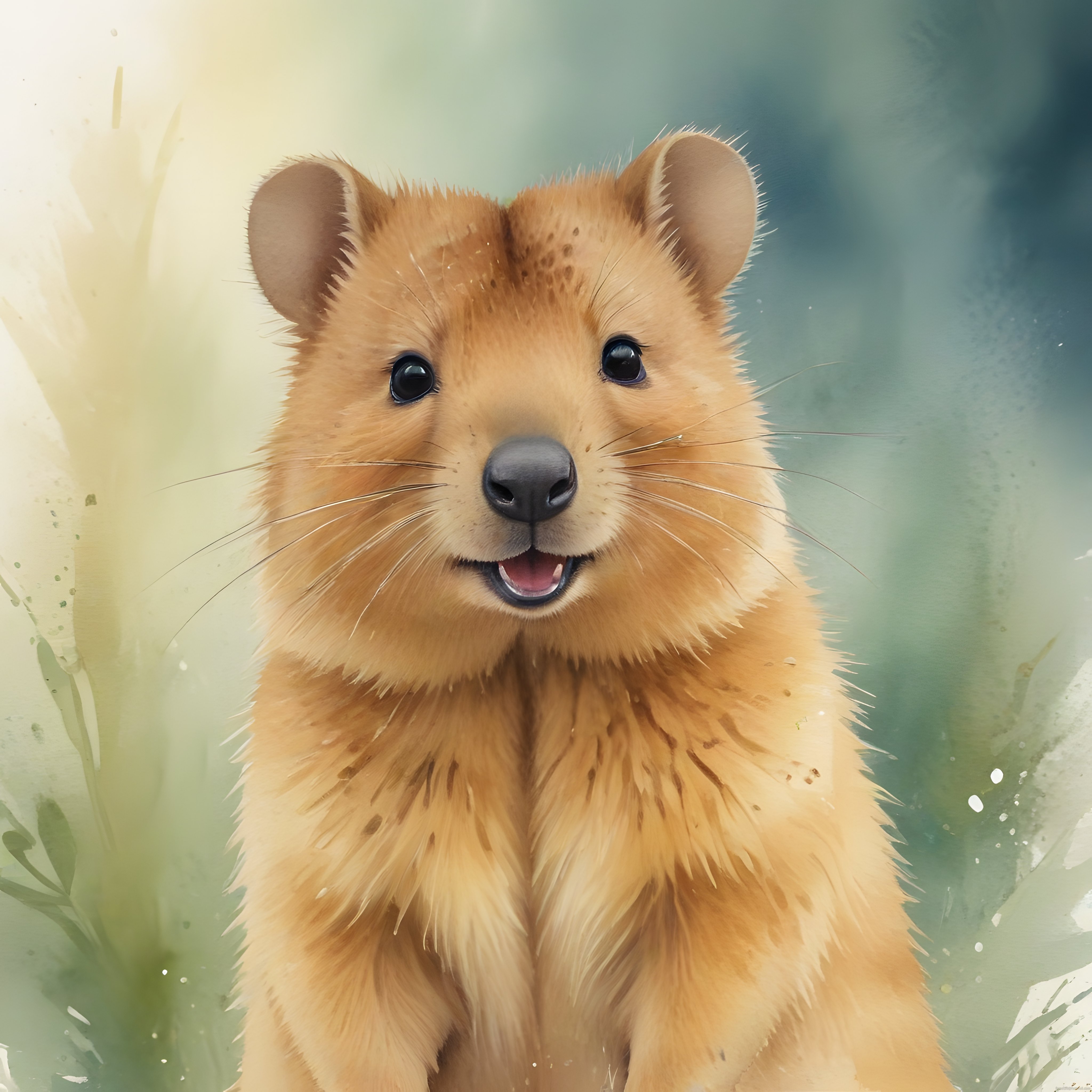 Suluboya tarzında gülümseyen sevimli quokka portresi ve mutlu hayvan yakın çekim