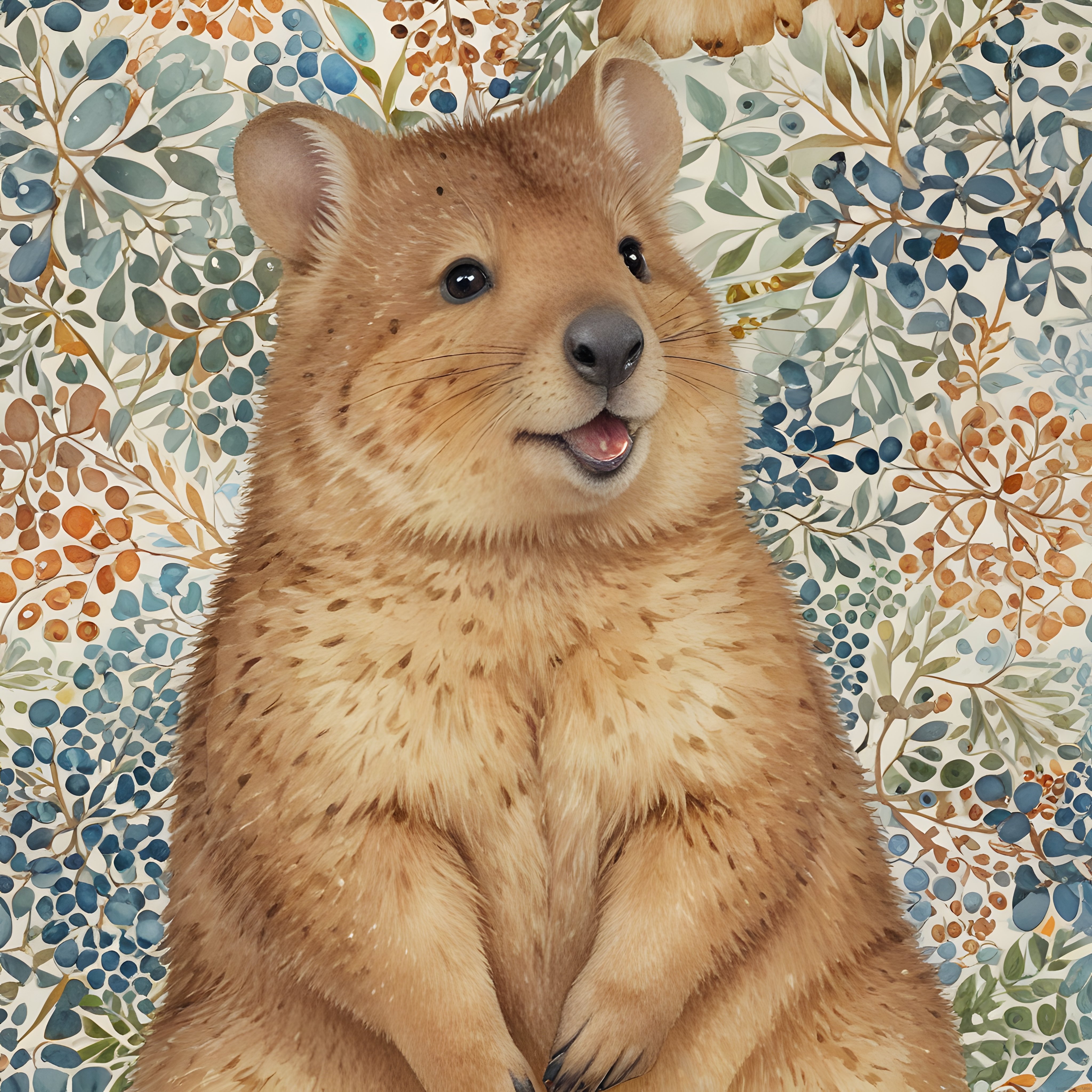 Suluboya Tarzında Mutlu Quokka ve Botanik Desenli Sanatsal Portre