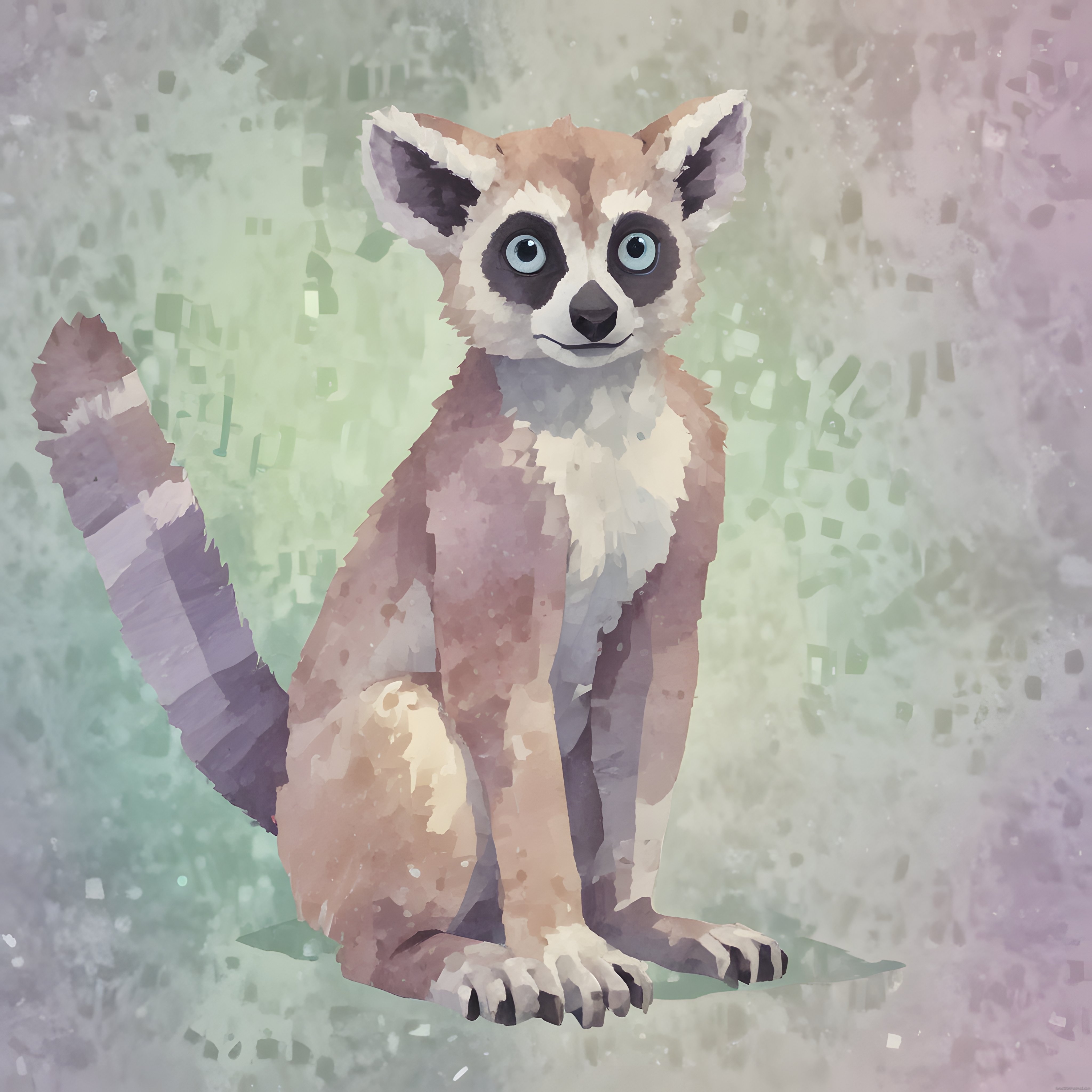 Suluboya tarzında oturan sevimli lemur çizimi ve pastel arka plan