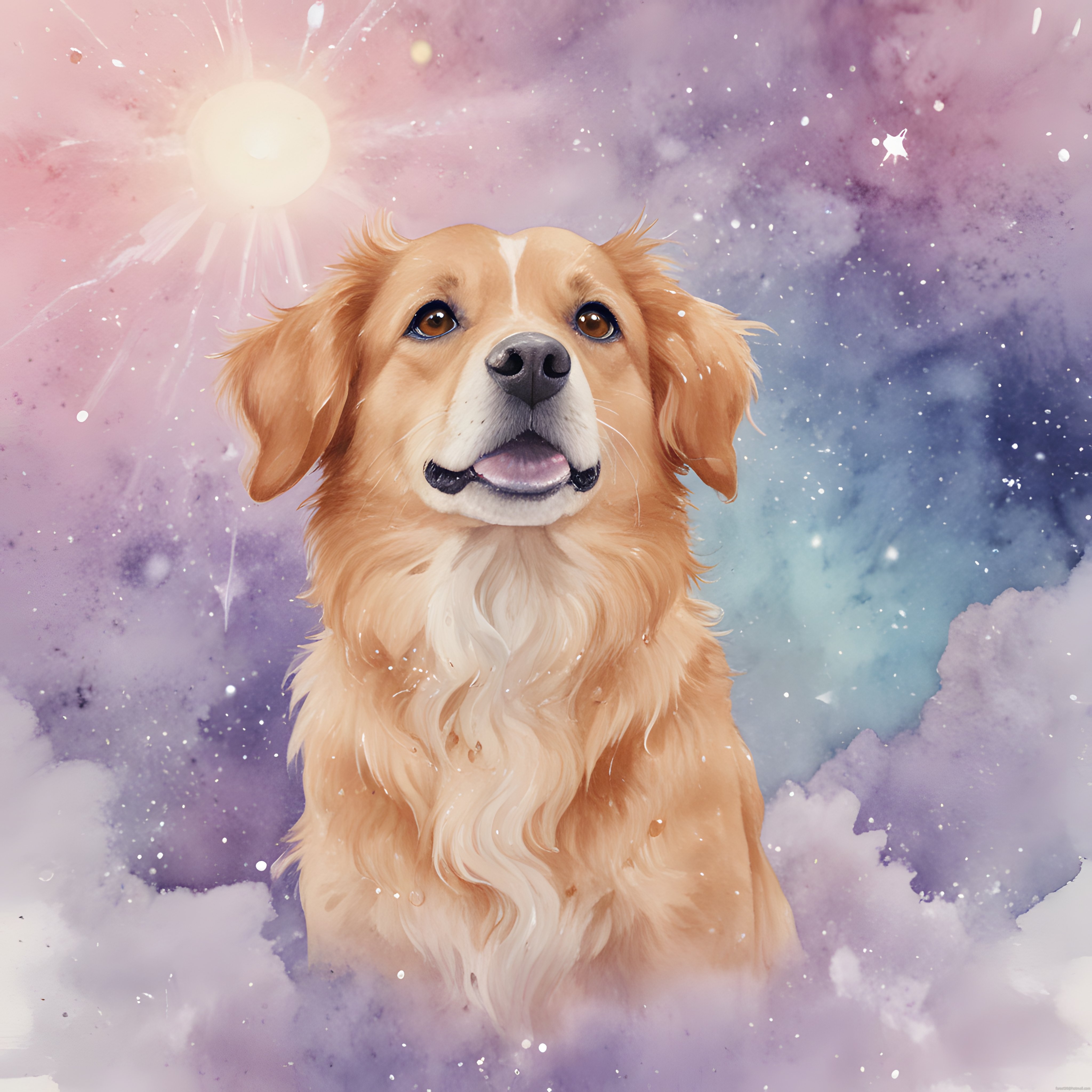 suluboya tarzında pastel gökyüzünde sevimli golden retriever köpek portresi