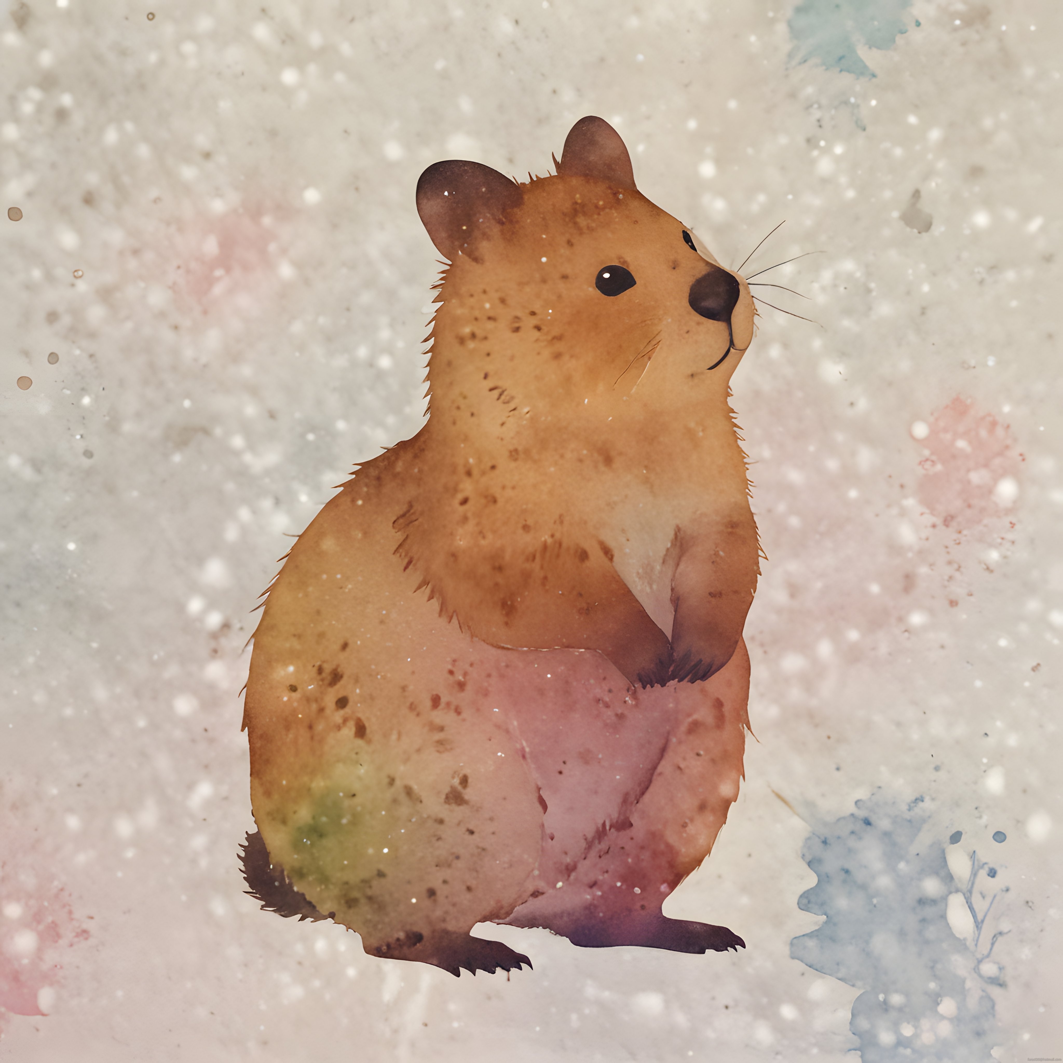 Suluboya tarzında pastel zeminde poz veren gülümseyen sevimli quokka çizimi