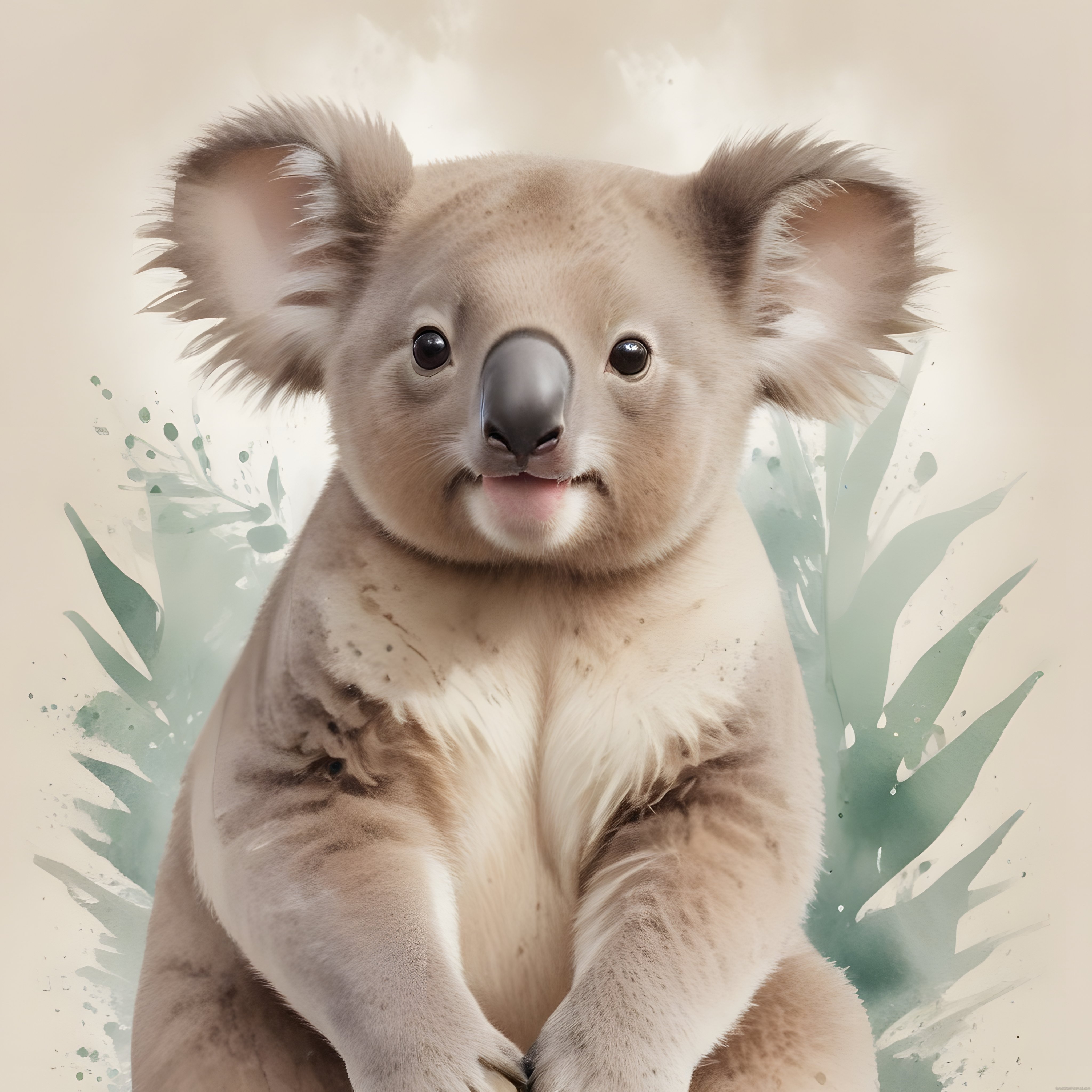 Suluboya Tarzında Sevimli Koala Portresi ve Okaliptus Yaprakları