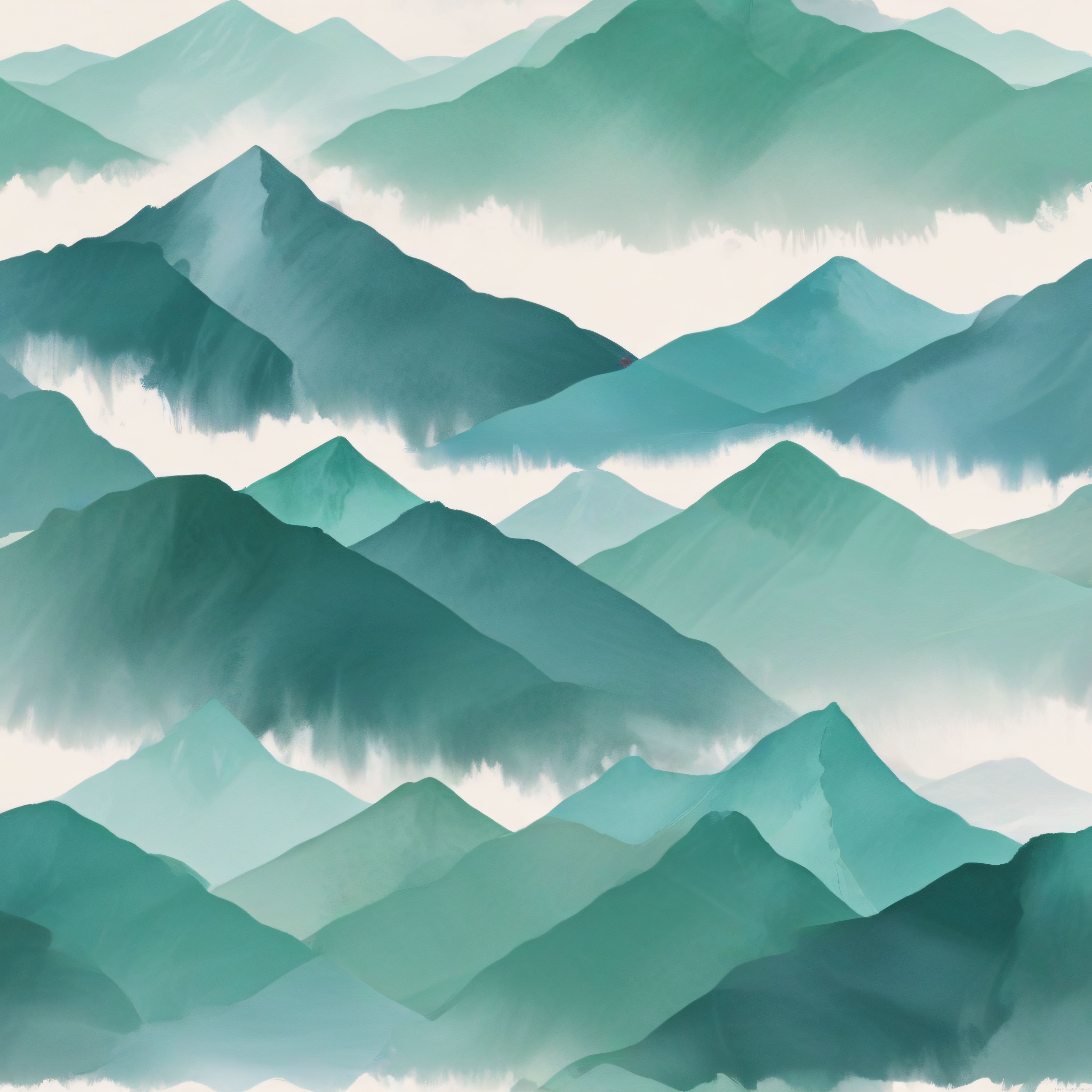 Suluboya tarzında sisli yeşil dağ katmanları ve mistik doğa manzarası