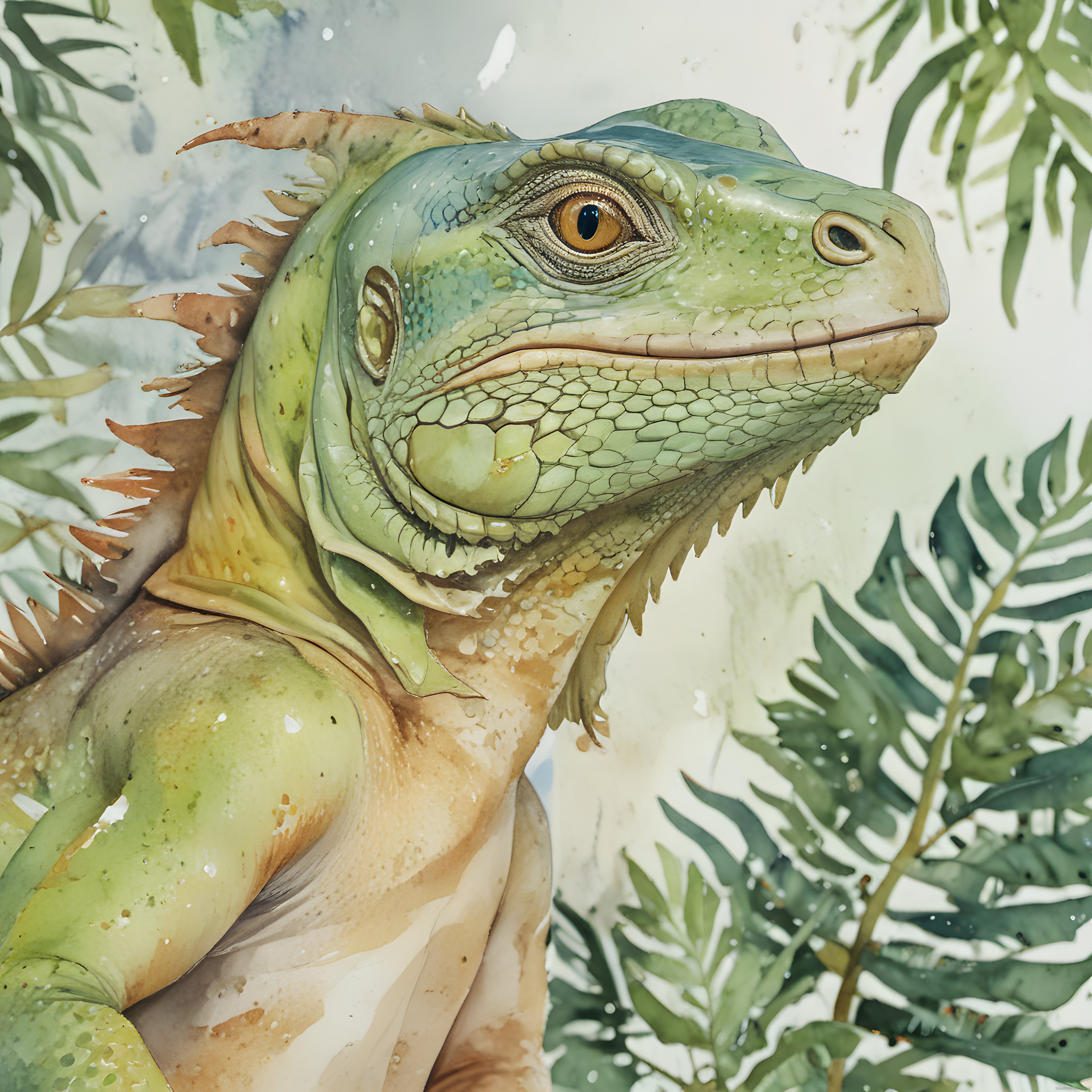 Suluboya Tarzında Yeşil İguana Detaylı Portre ve Egzotik Yapraklar