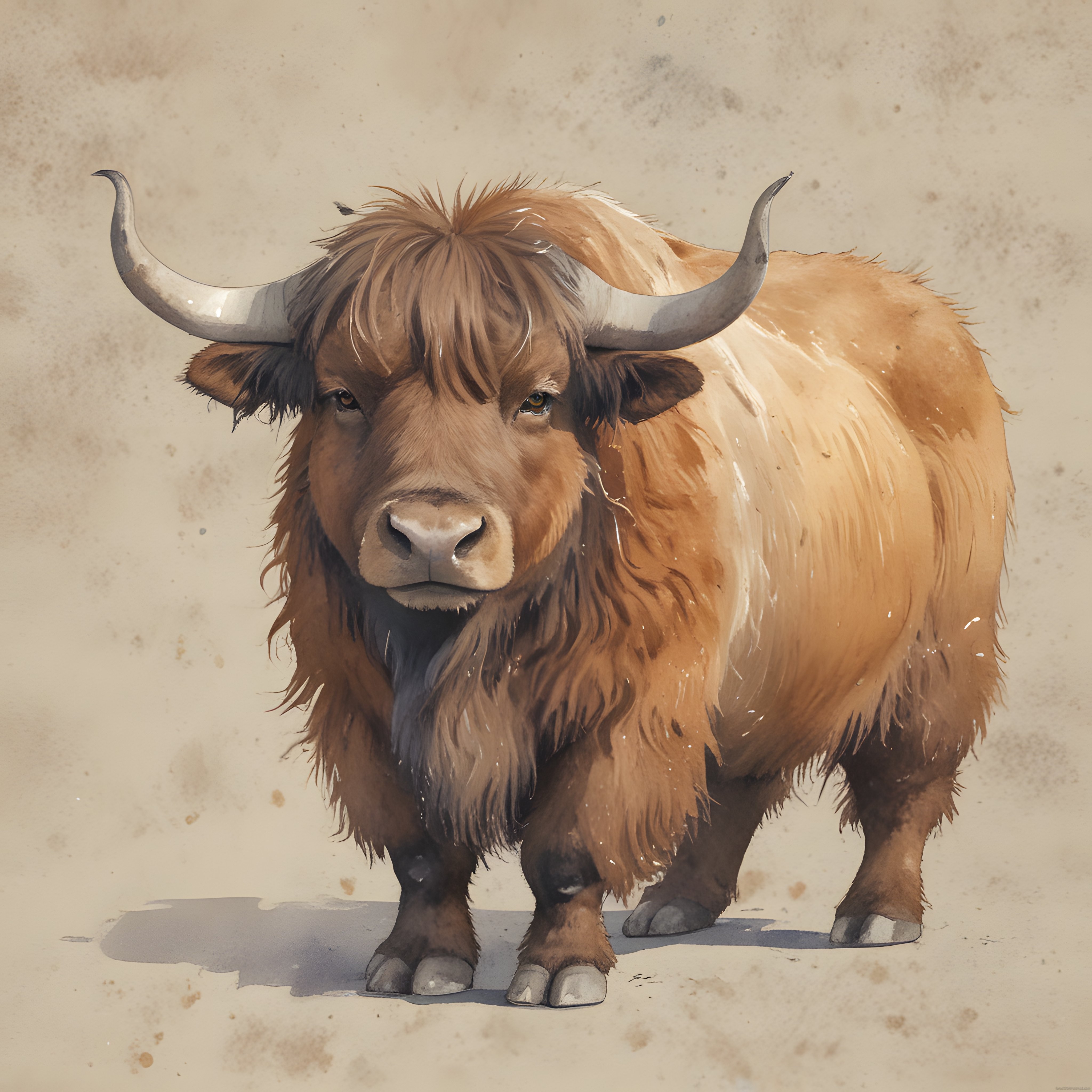 suluboya tarzında yünü uzun kahverengi highland sığırı portresi