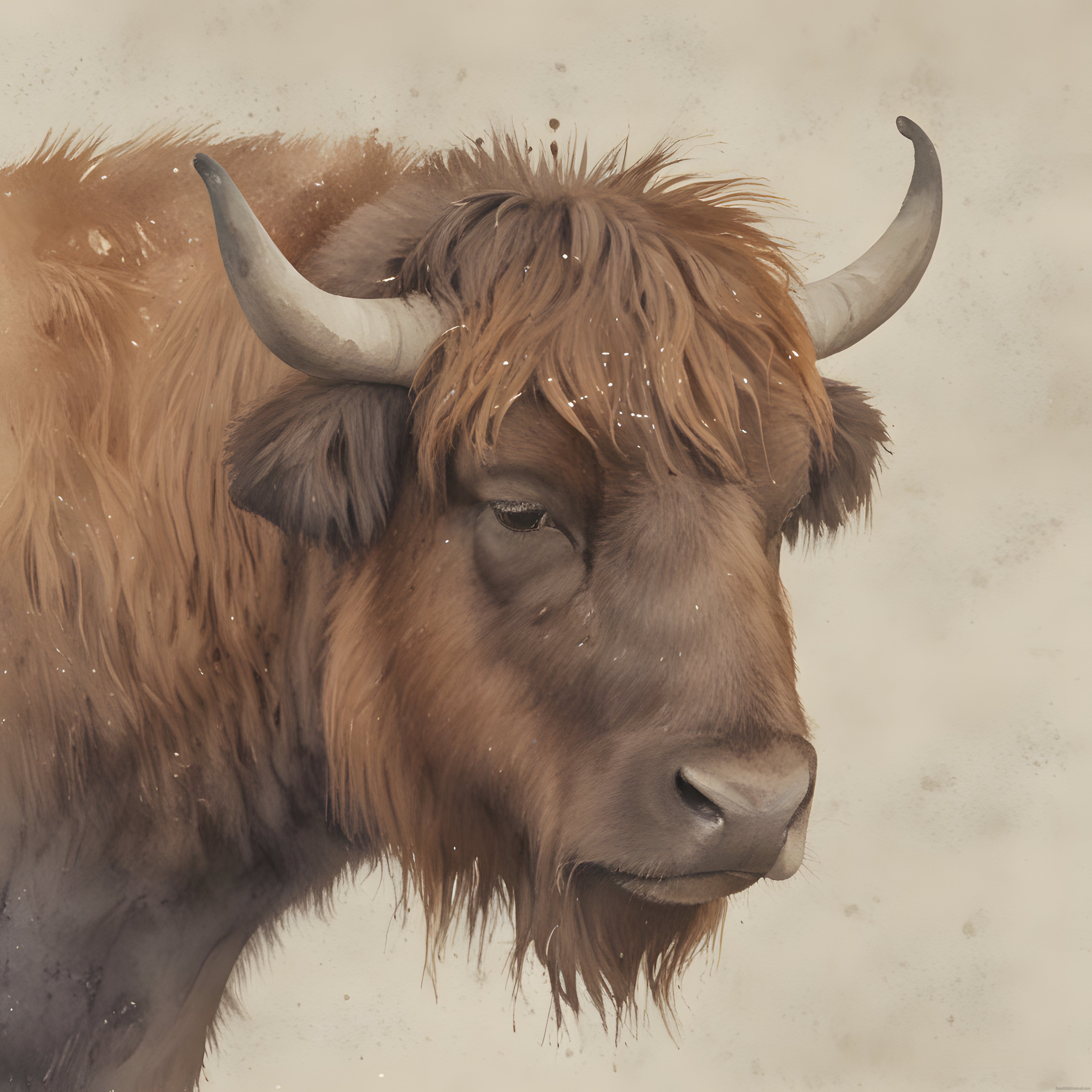 Suluboya Tekniği İle Hazırlanmış İskoç Highland İneği Yakın Çekim Portresi