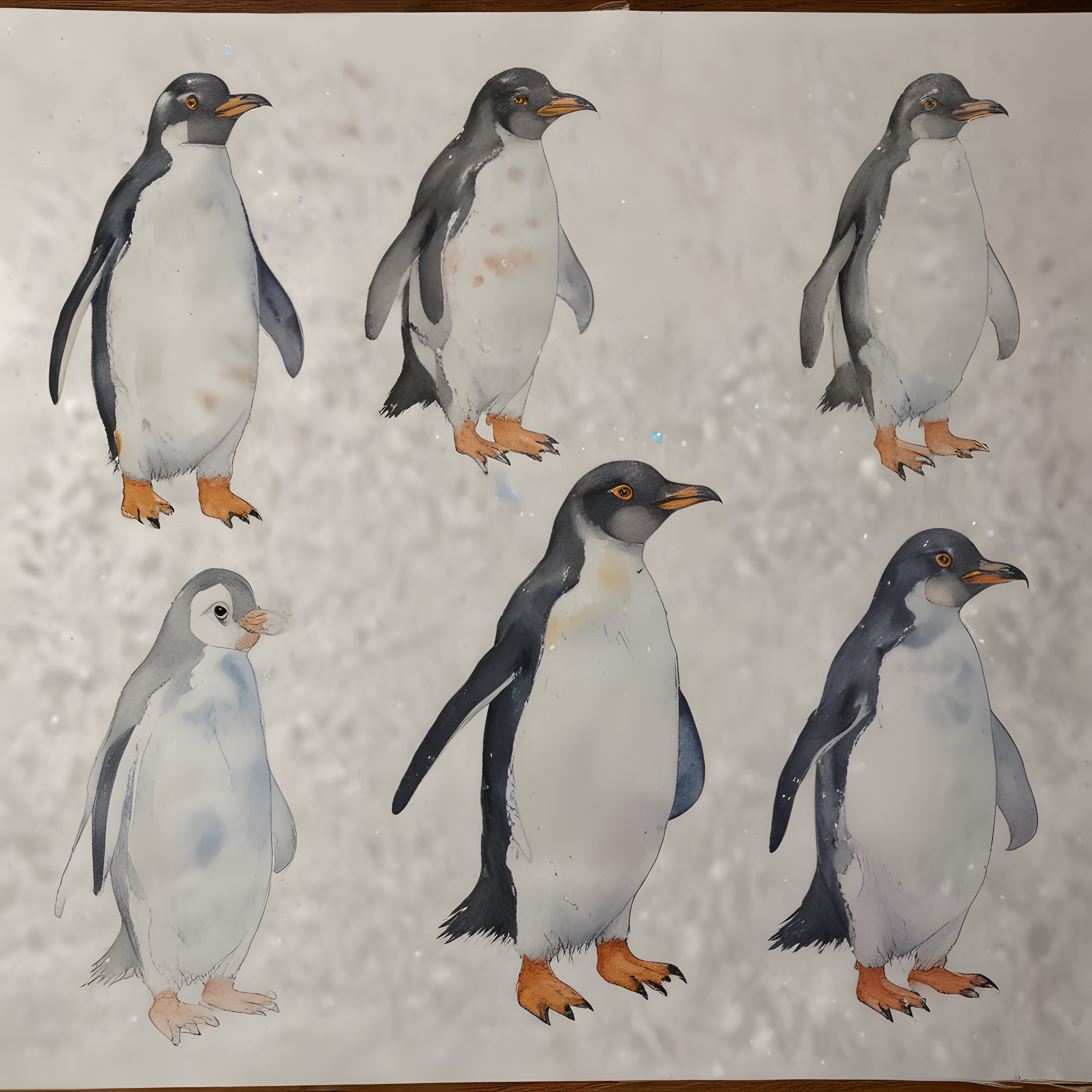 Suluboya Tekniğiyle Çizilmiş Penguen Ailesi ve Yavru Penguen İllüstrasyonu