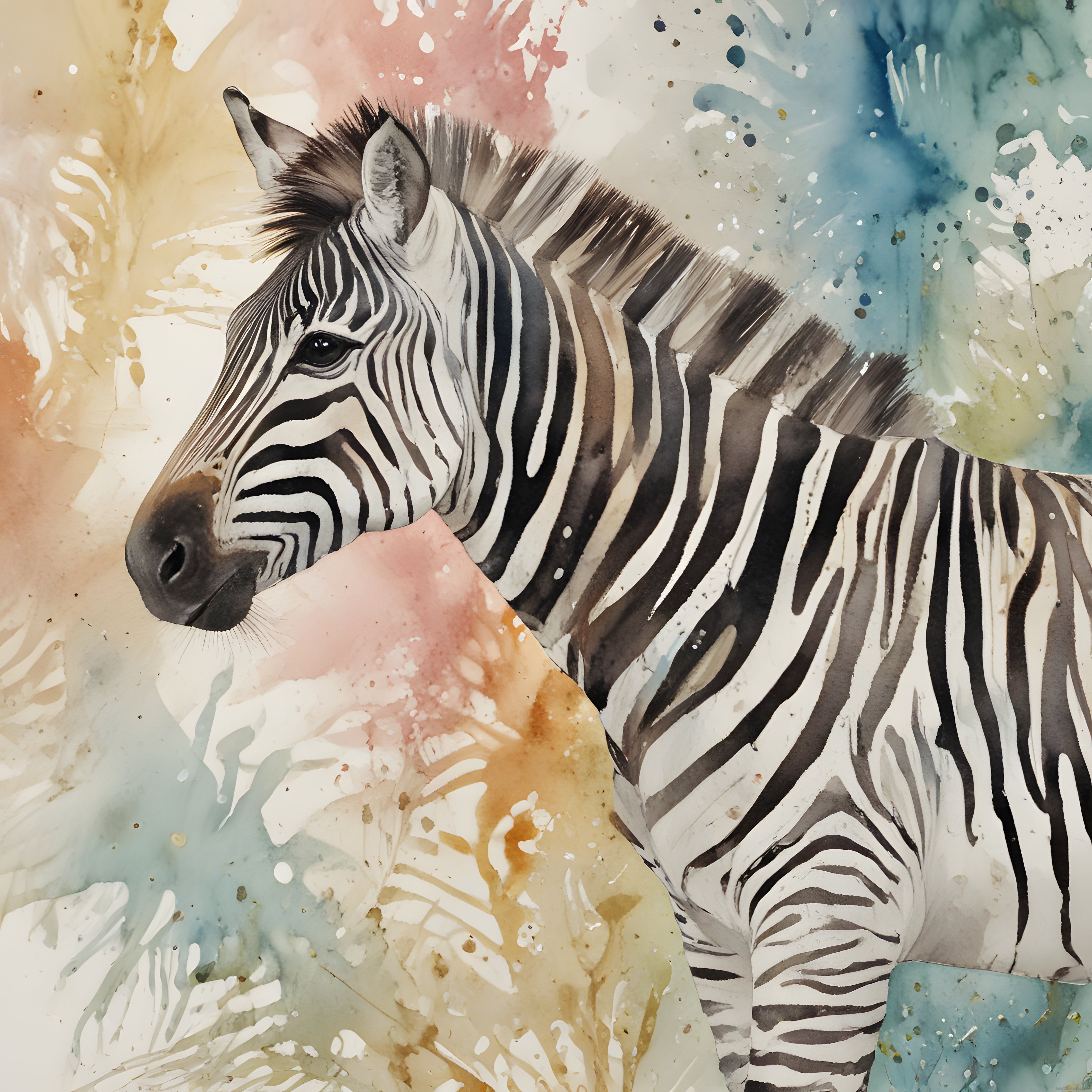 Suluboya Tekniğiyle Çizilmiş Zebra Portresi ve Soyut Renkli Arka Plan