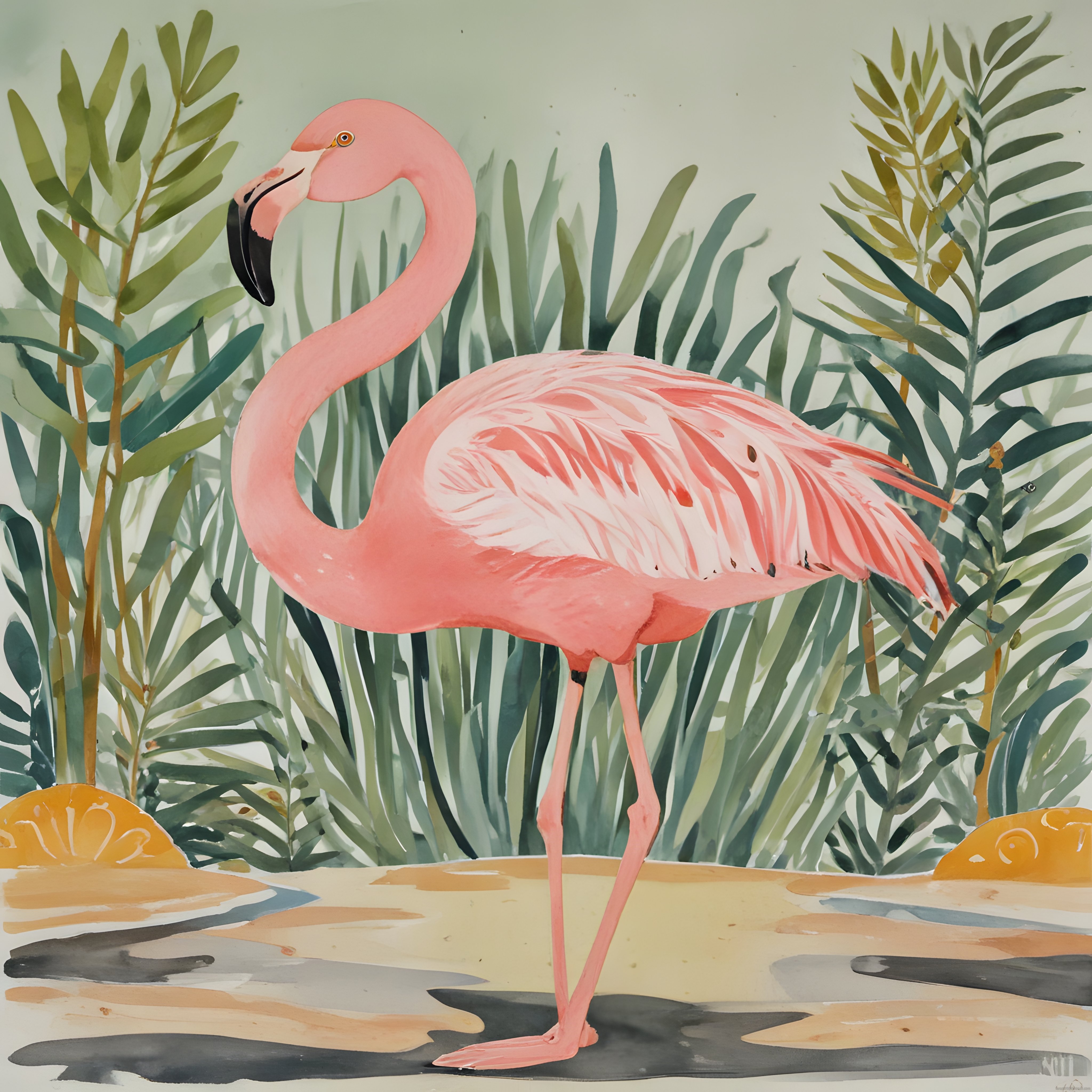 Suluboya Tropikal Flamingo ve Egzotik Yeşilliklerle Dekoratif Sanat Çalışması