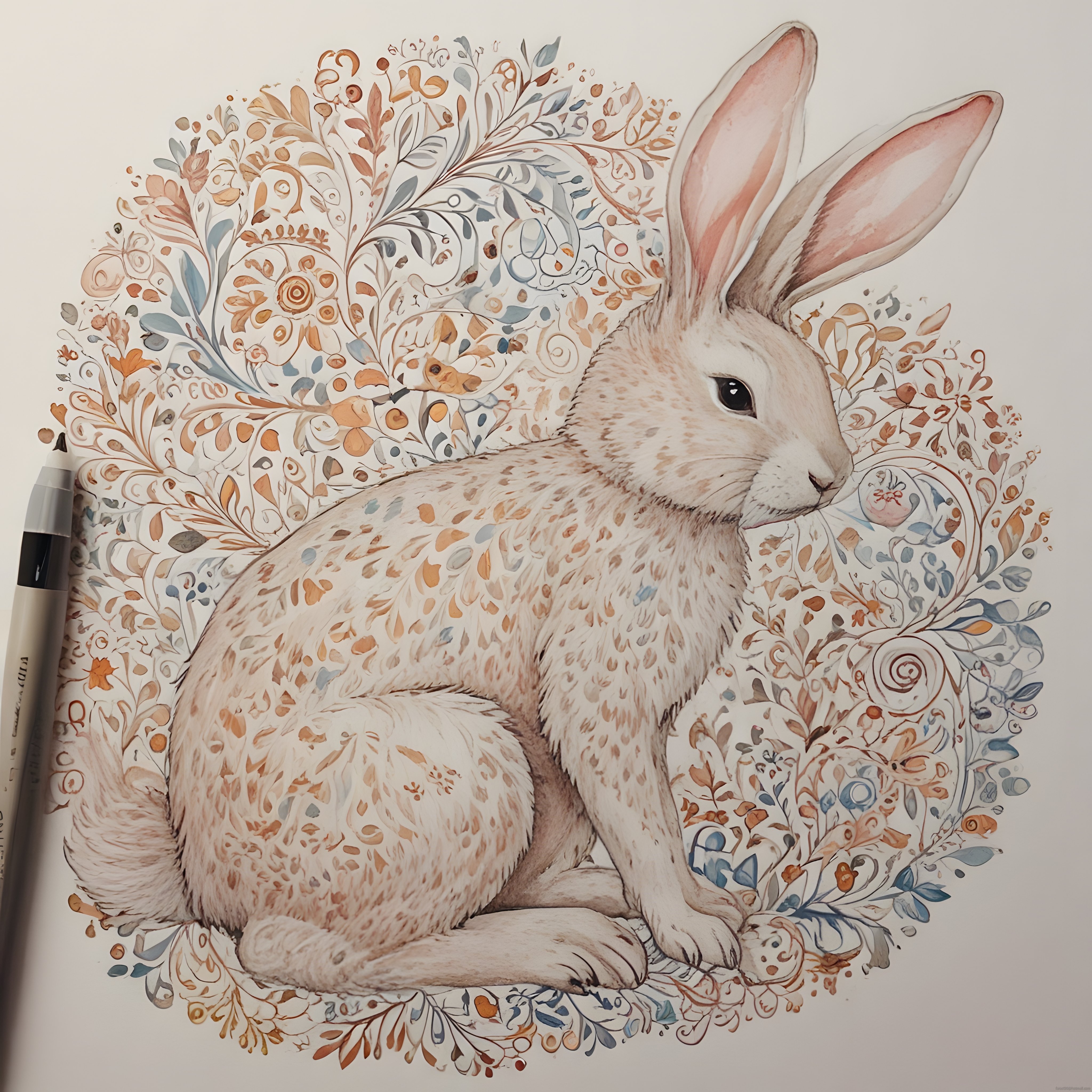 Suluboya ve Markerla Yapılmış Bitkisel Desenli Tavşan Resmi