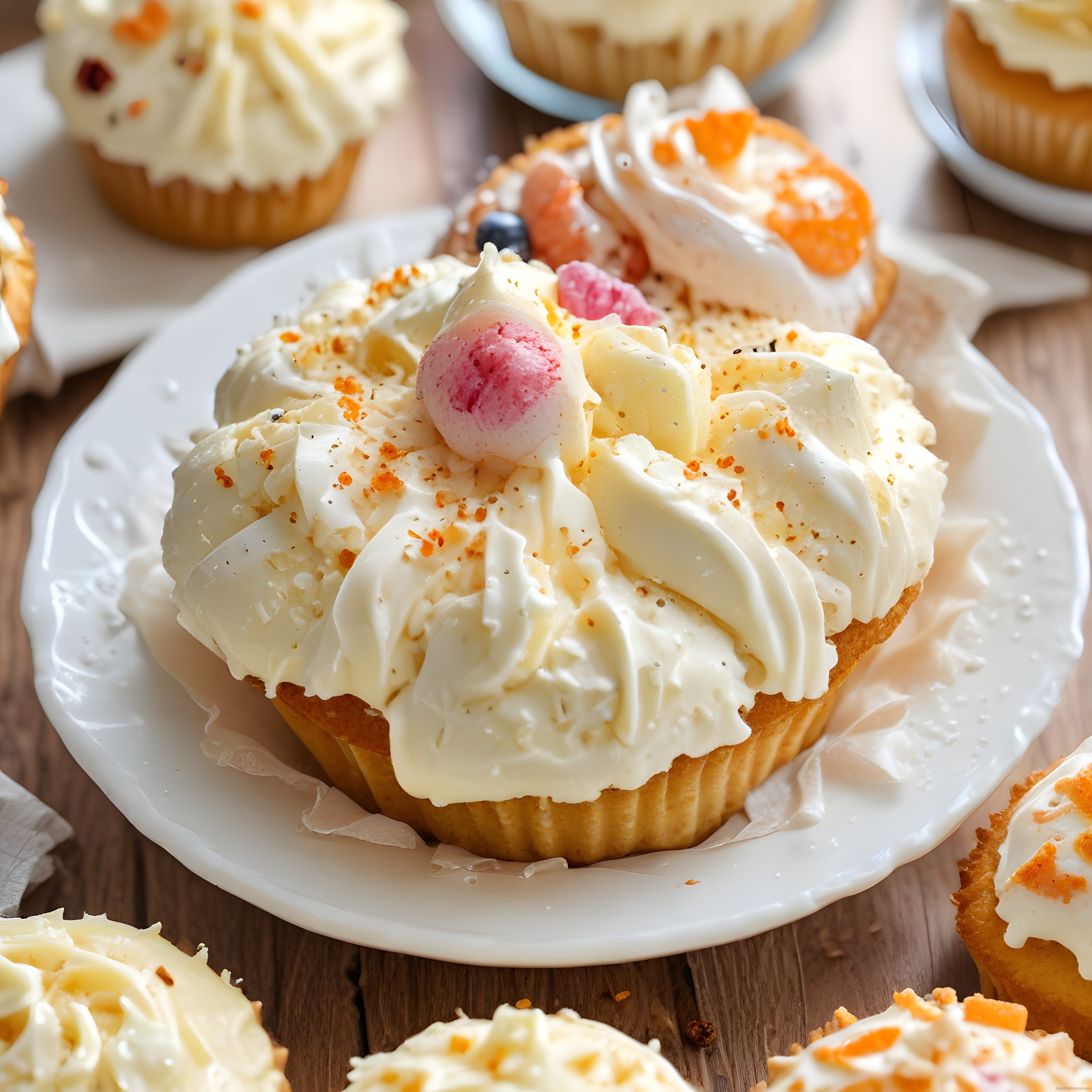 Sunum Tabağında Dolgun Beyaz Krema ve Renkli Şekerlemeli Cupcake'ler