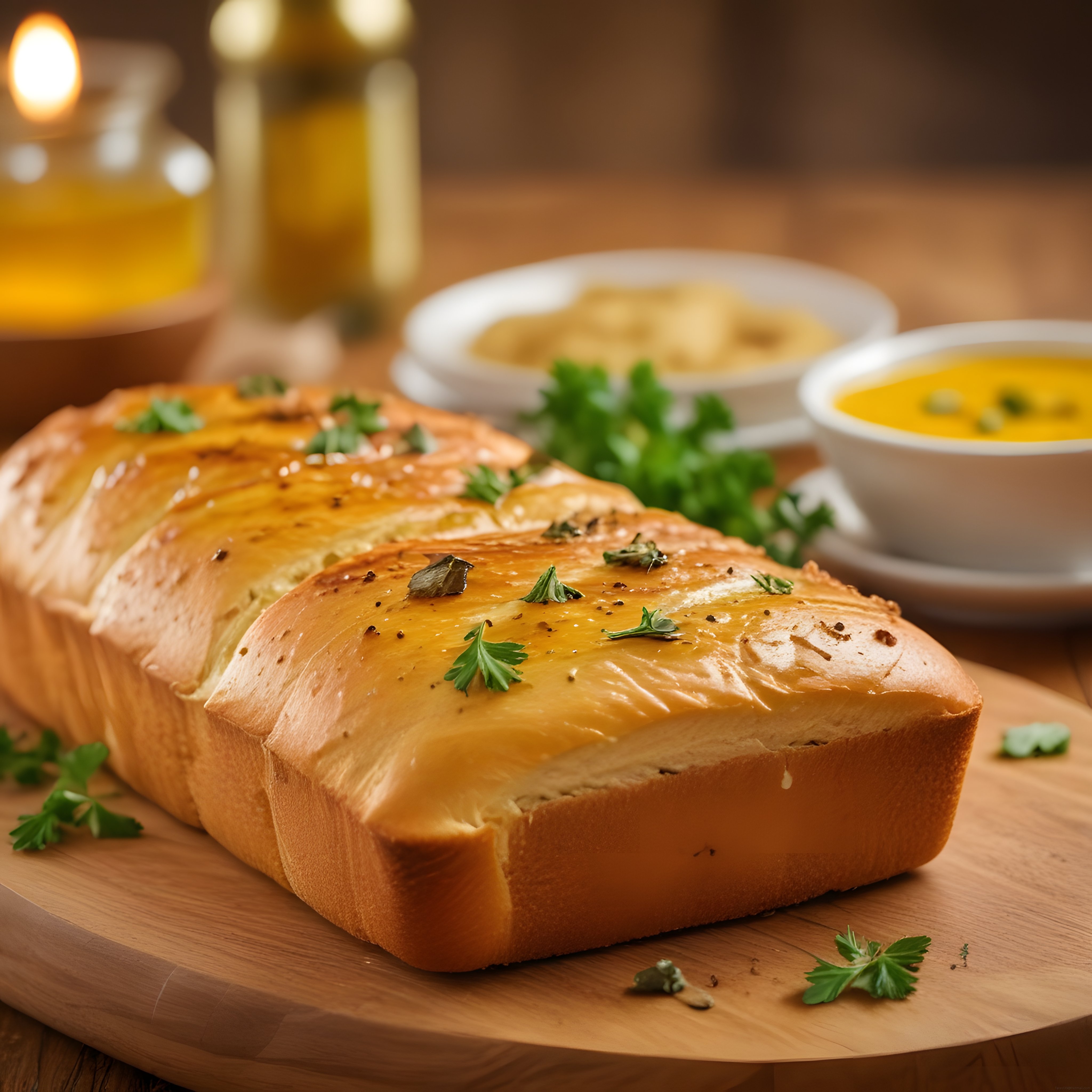sunum tahtası üzerinde çıtır kabuklu börek dilimleri ve sarımsaklı çorba