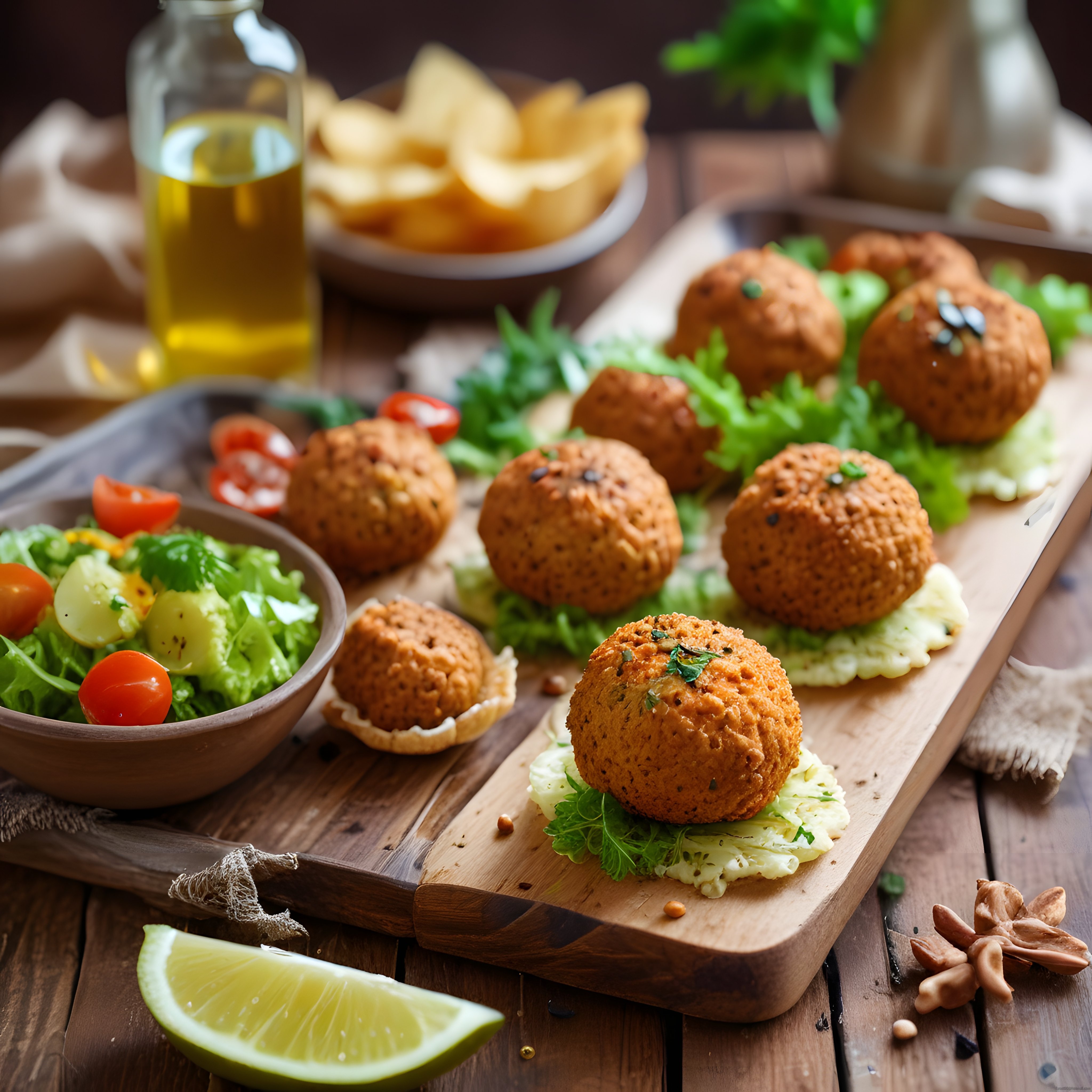 sunum tahtası üzerinde falafel topları taze yeşillikler ve rustik mutfak atmosferi