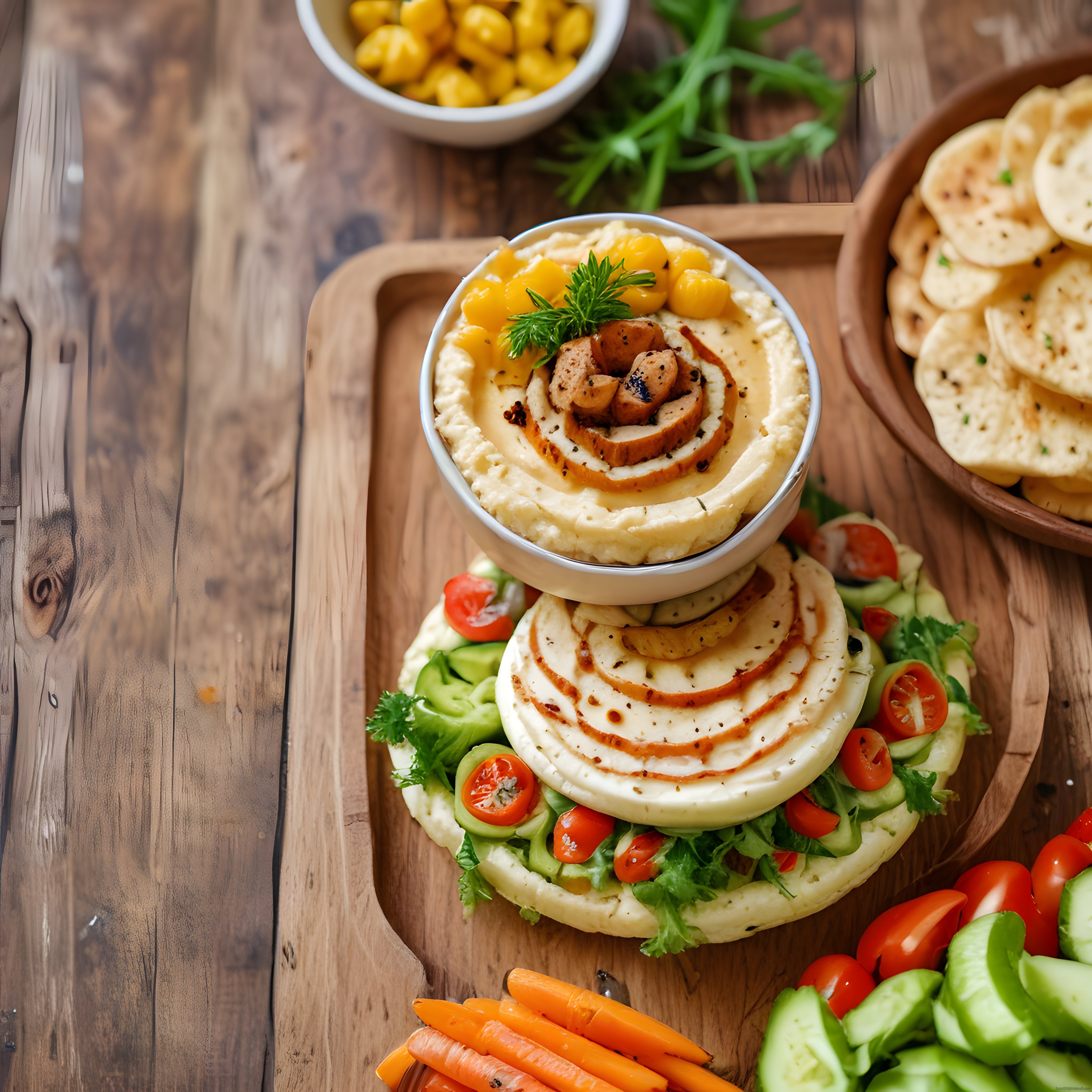 Sunum Tahtası Üzerinde Sebzeli Humus ve Atıştırmalık Çeşitleri