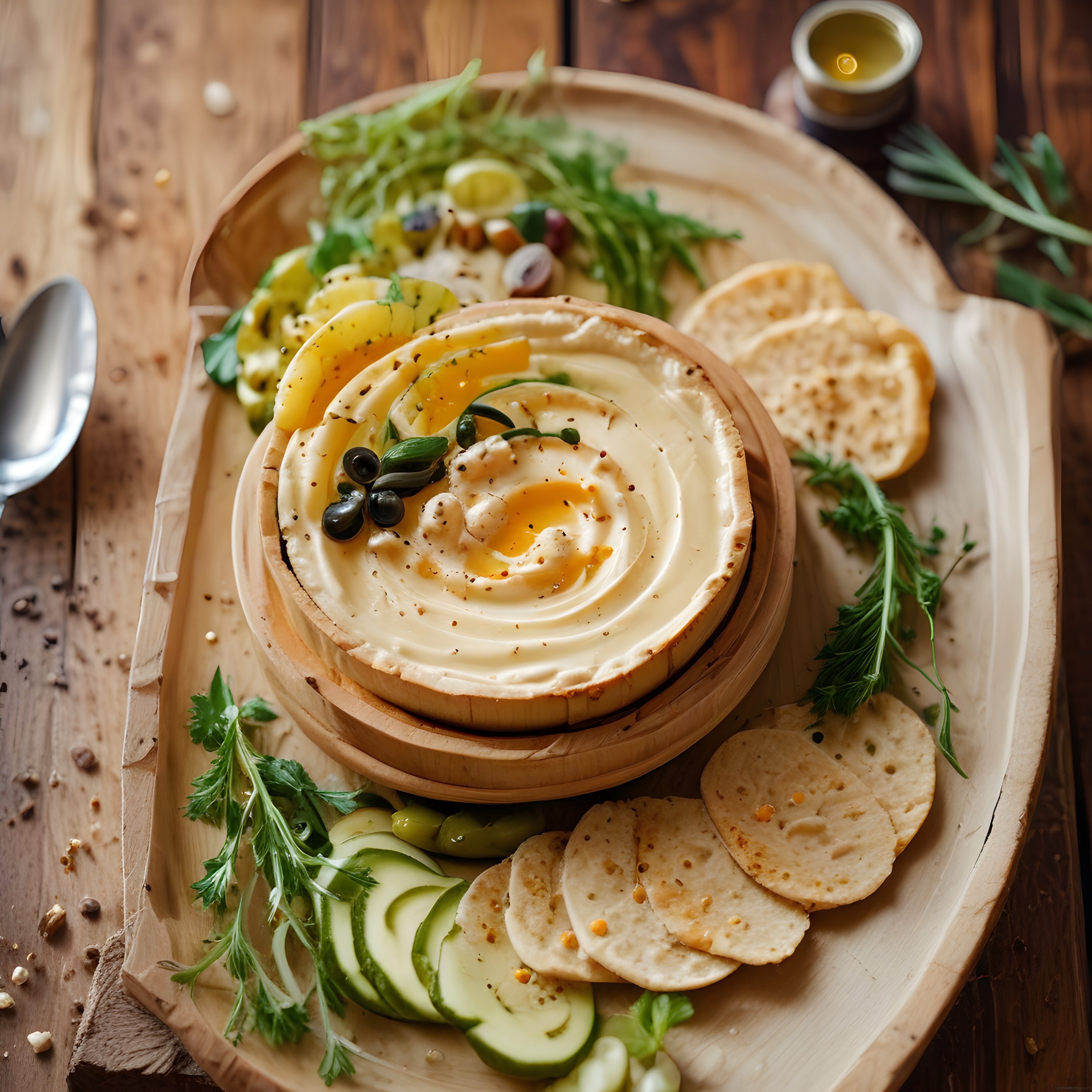 Sunum tahtası üzerinde zeytinyağlı hummus, taze sebzeler ve krakerlerle rustik meze keyfi