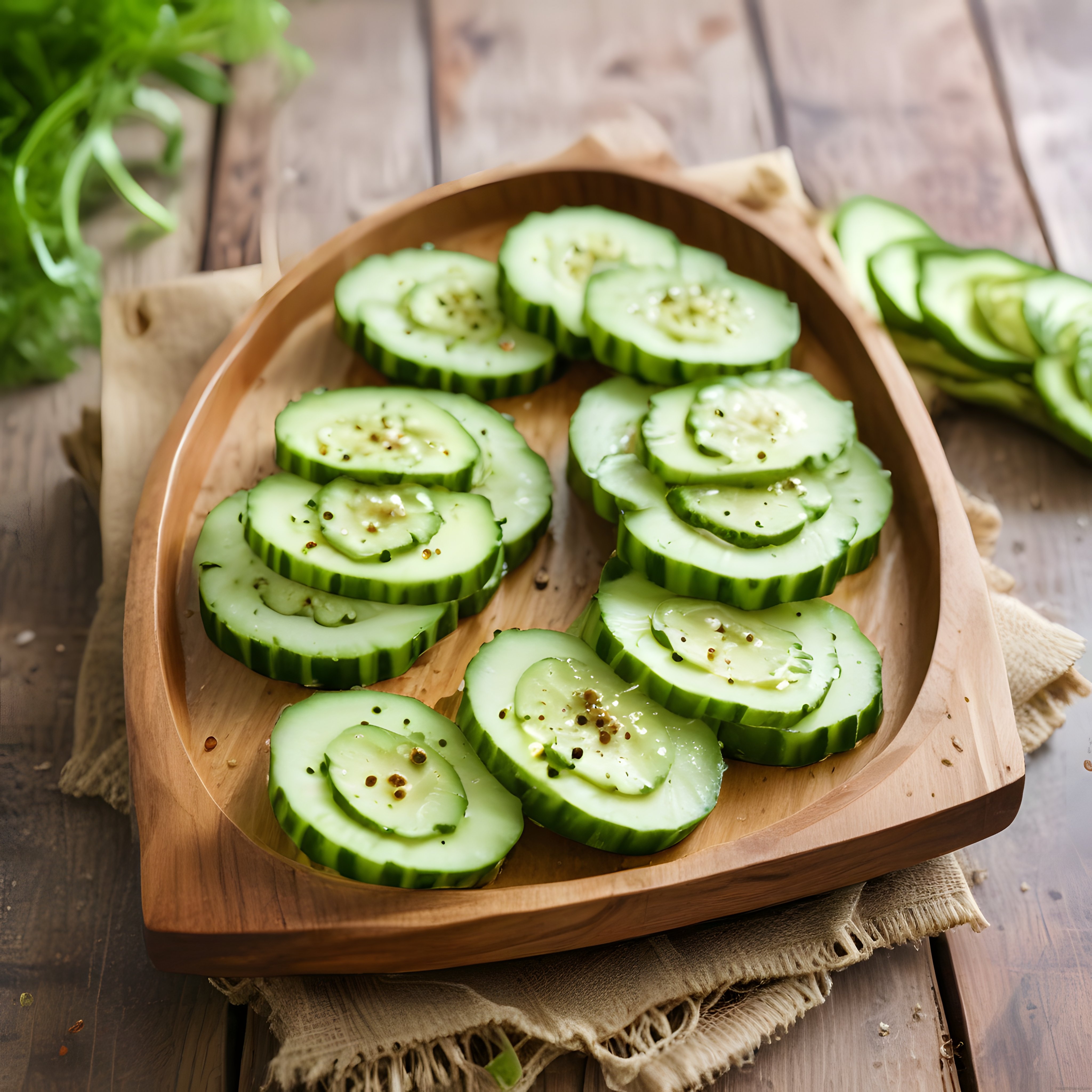 Sunum tahtasında baharatlı taze salatalık dilimleri ve rustik yeşil yapraklar