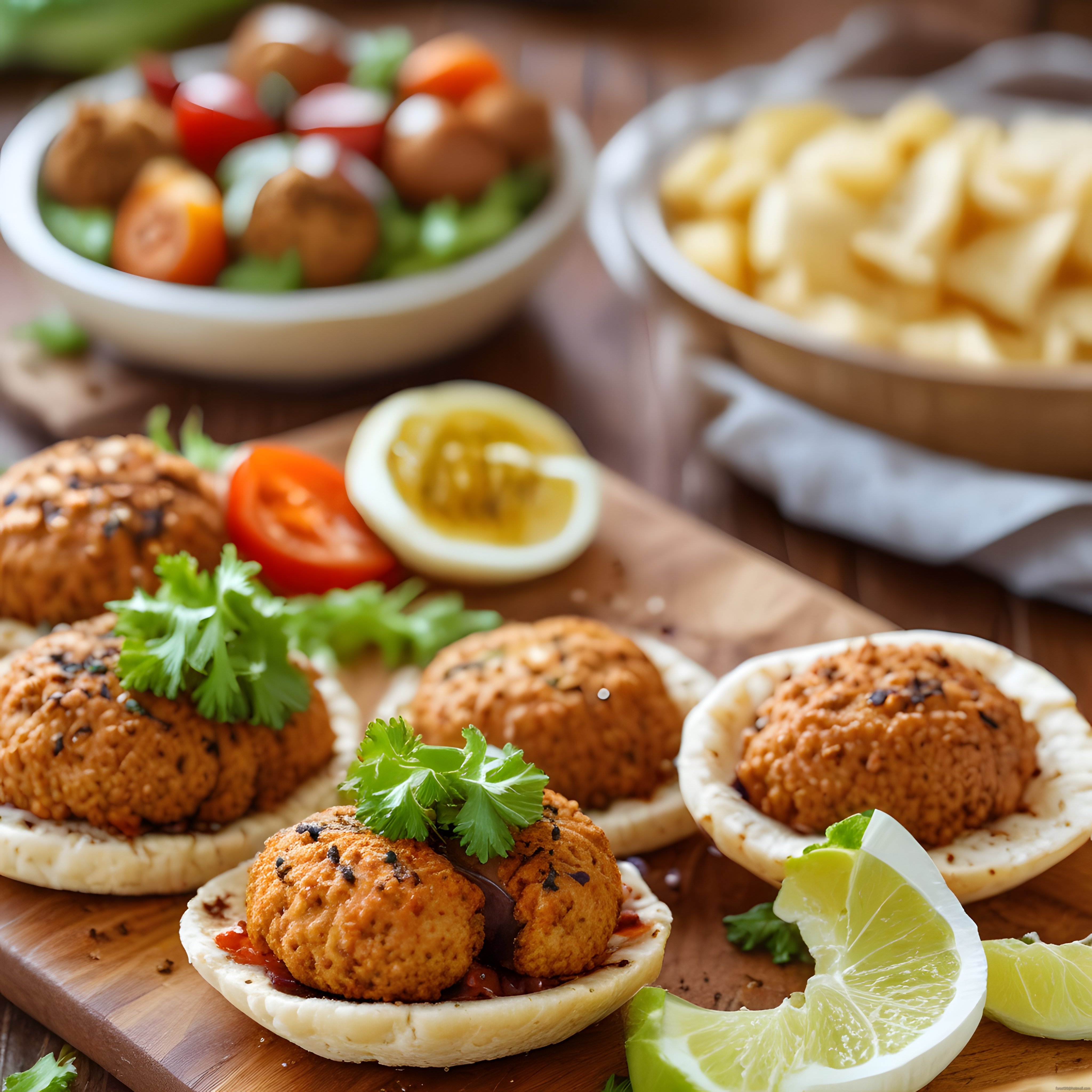 Sunum tahtasında falafel, limon ve maydanoz ile rustik bir yemek fotoğrafı