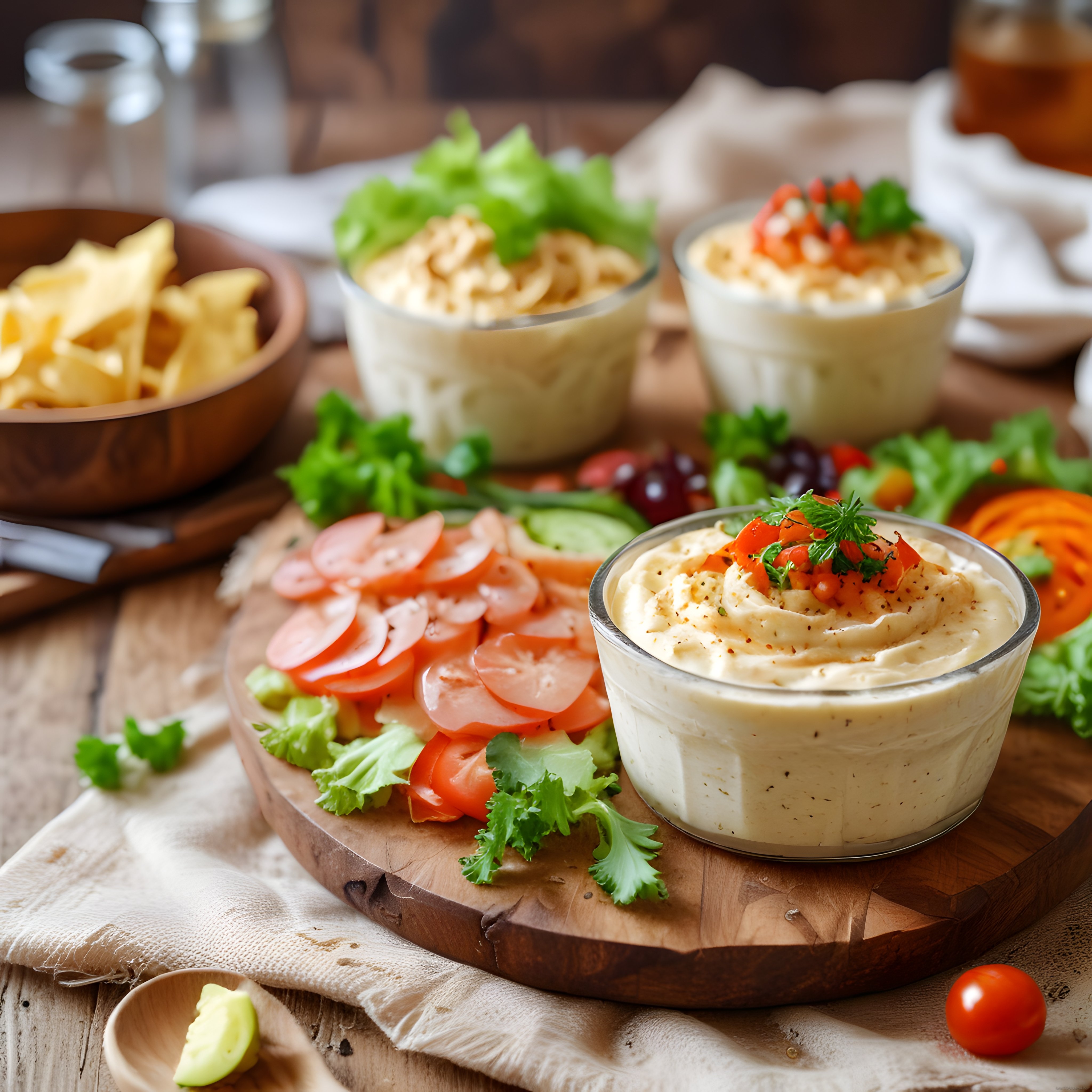 Sunum tahtasında humus, taze sebzeler ve cipsle rustik meze tabağı