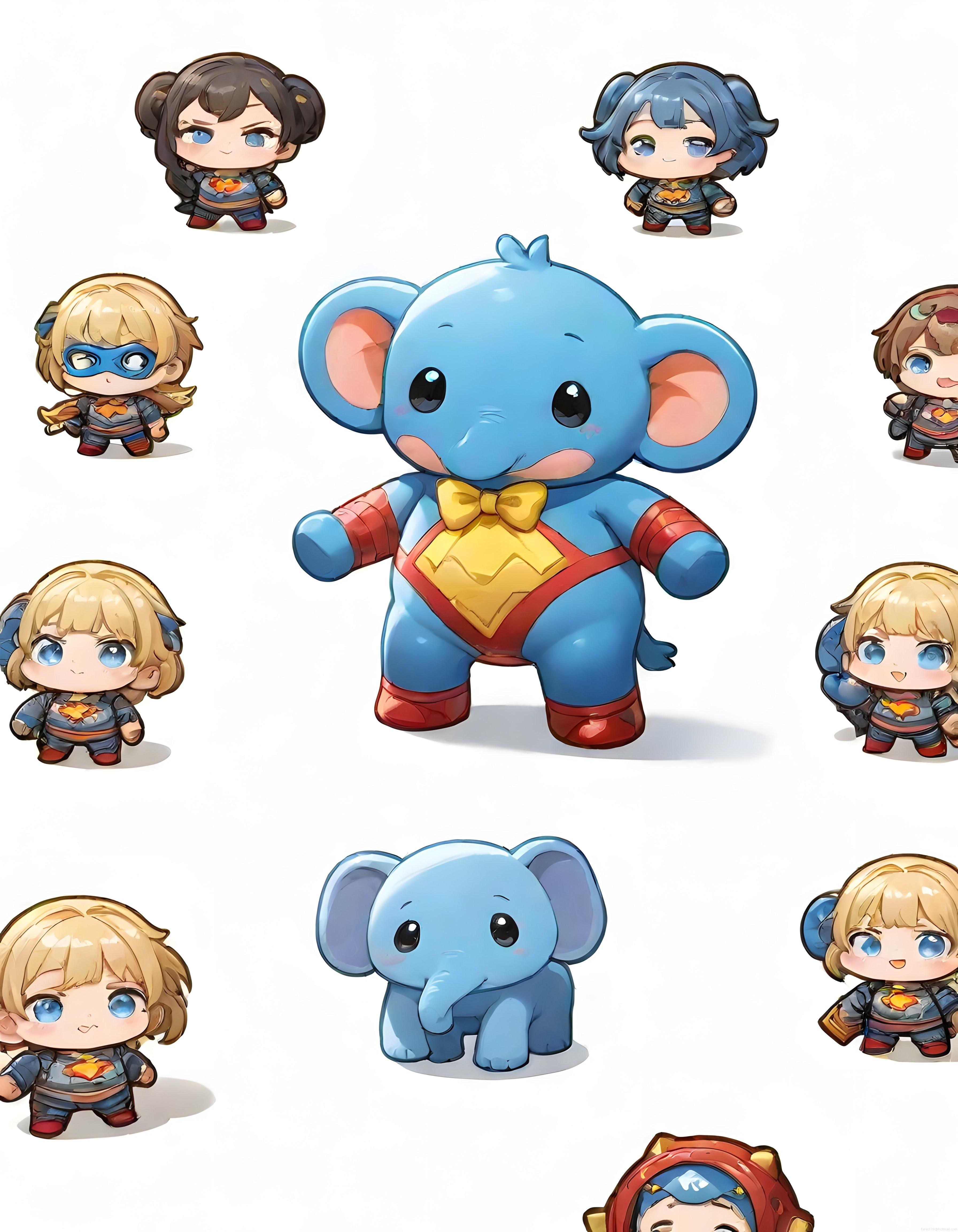 Süper Kahraman Chibi Anime Karakterleri ve Sevimli Mavi Fil Maskotu