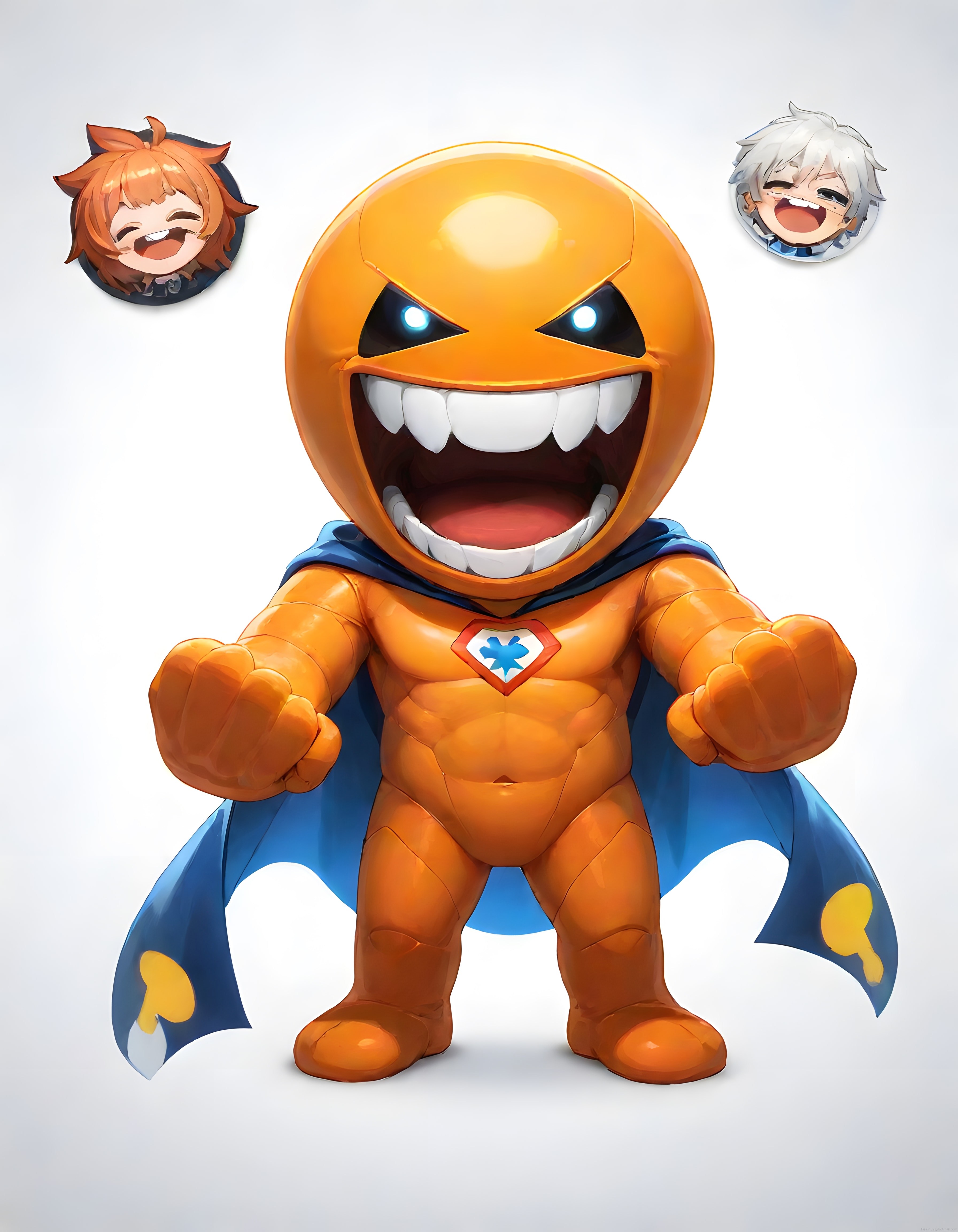 Süper kahraman emoji maskotu ve kahkaha atan anime karakter rozetleri