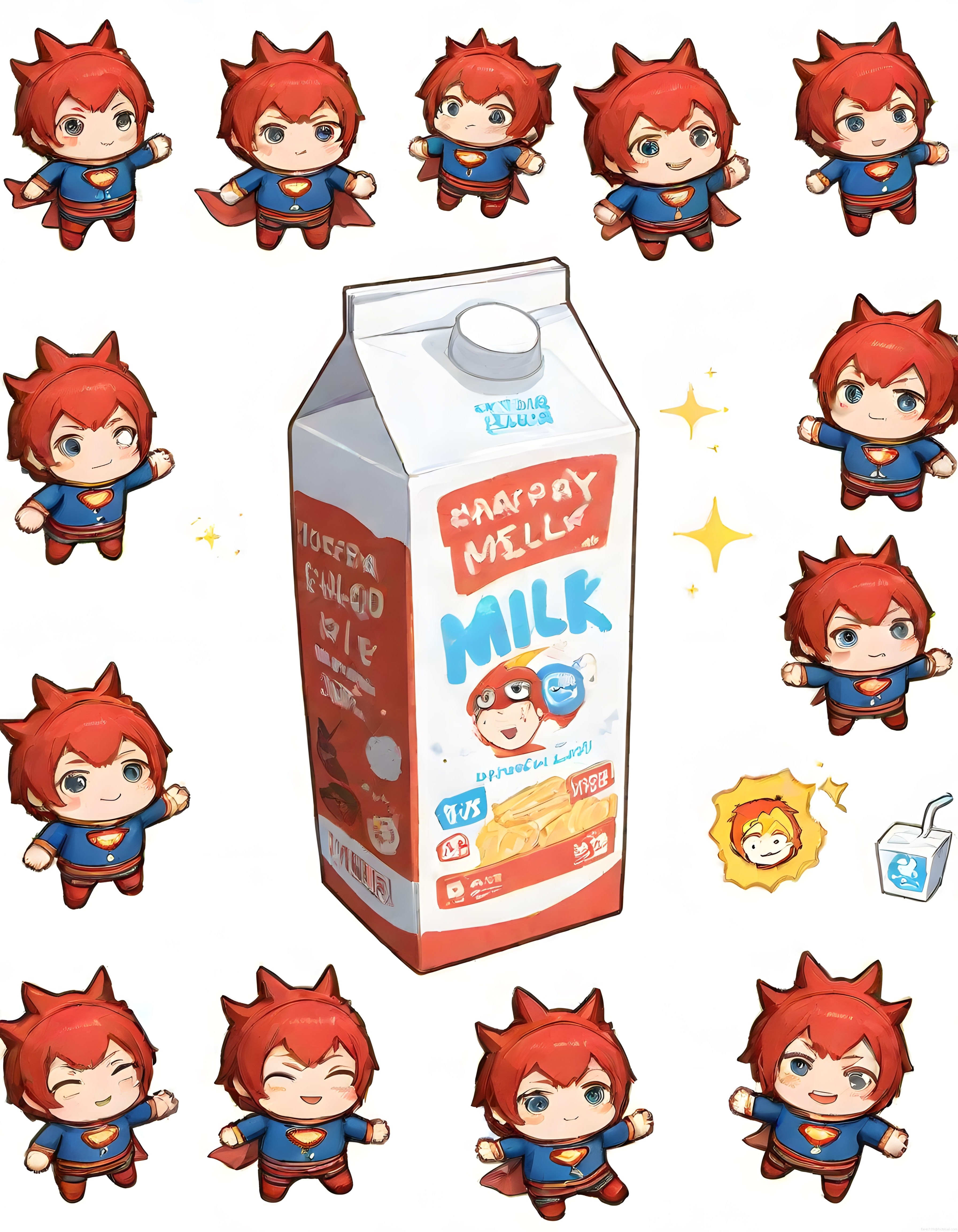 Süper kahraman kostümlü sevimli chibi karakterler ve anime süt kartonu çizimi