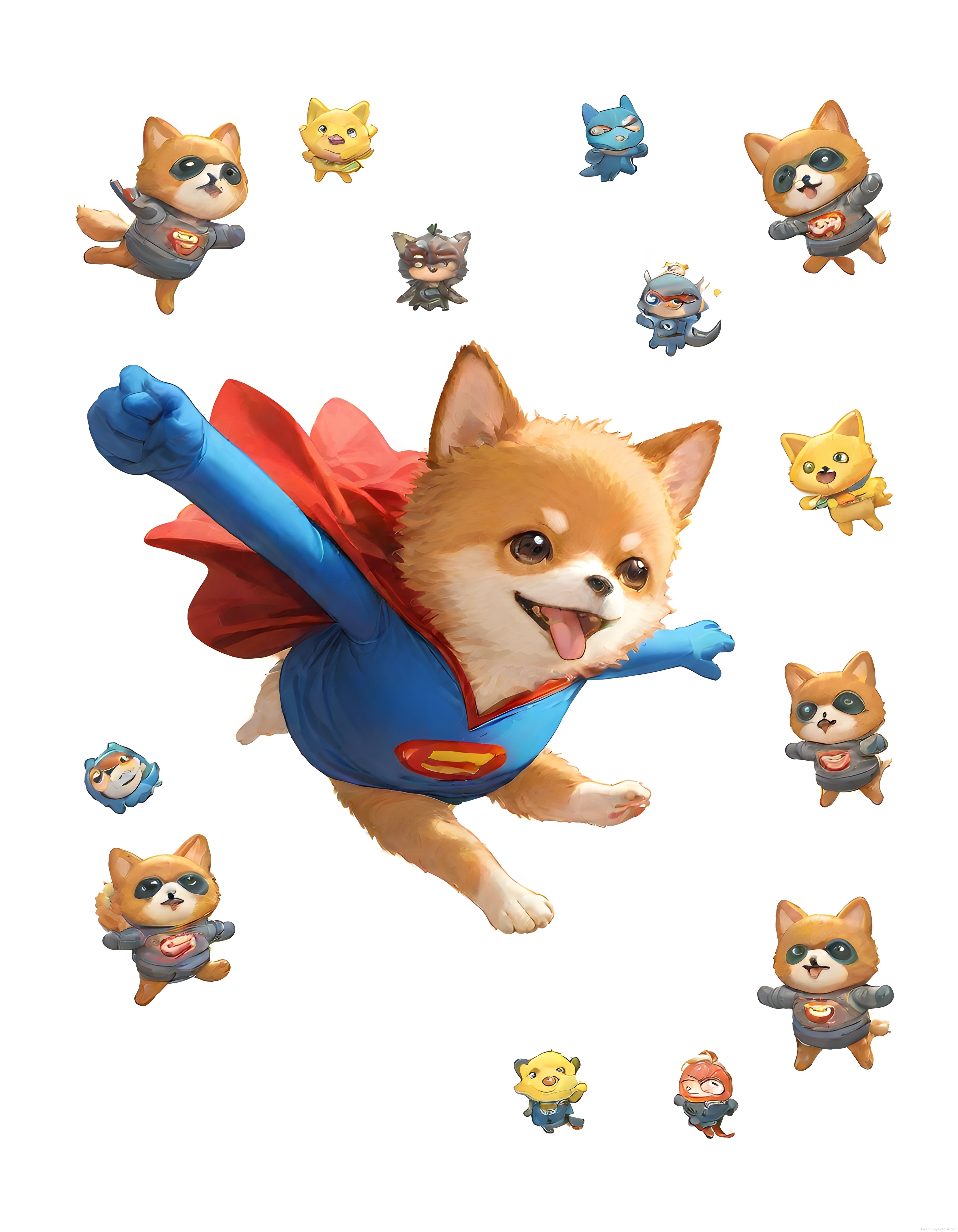 Süper Kahraman Kostümlü Sevimli Corgi ve Kedi Karakterleri Dijital Çizim Seti